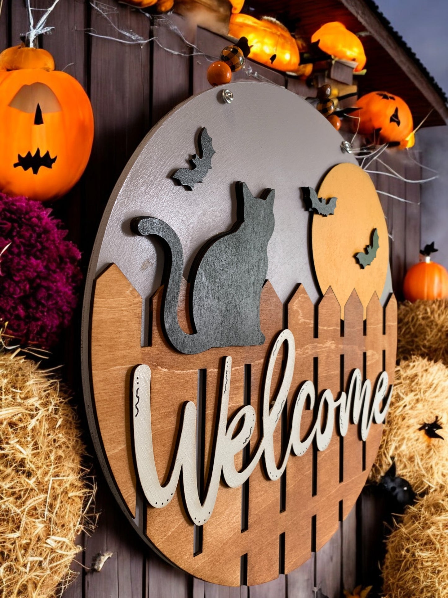 Black Cat & Moon Welcome Halloween Door Sign – Wooden Round Porch Décor