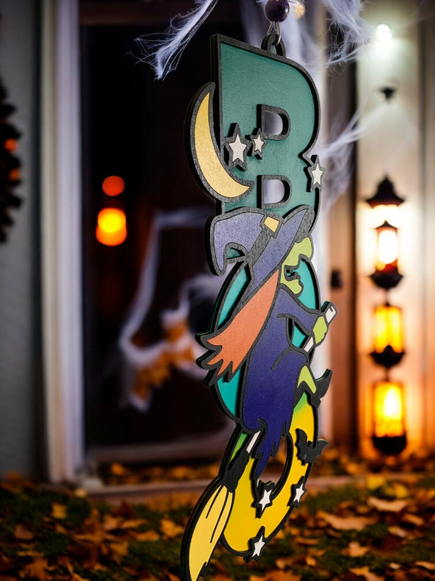 Handmade Wooden Halloween Boo Sign – Witch on Broom – Detailed Painted Door or Wall Décor