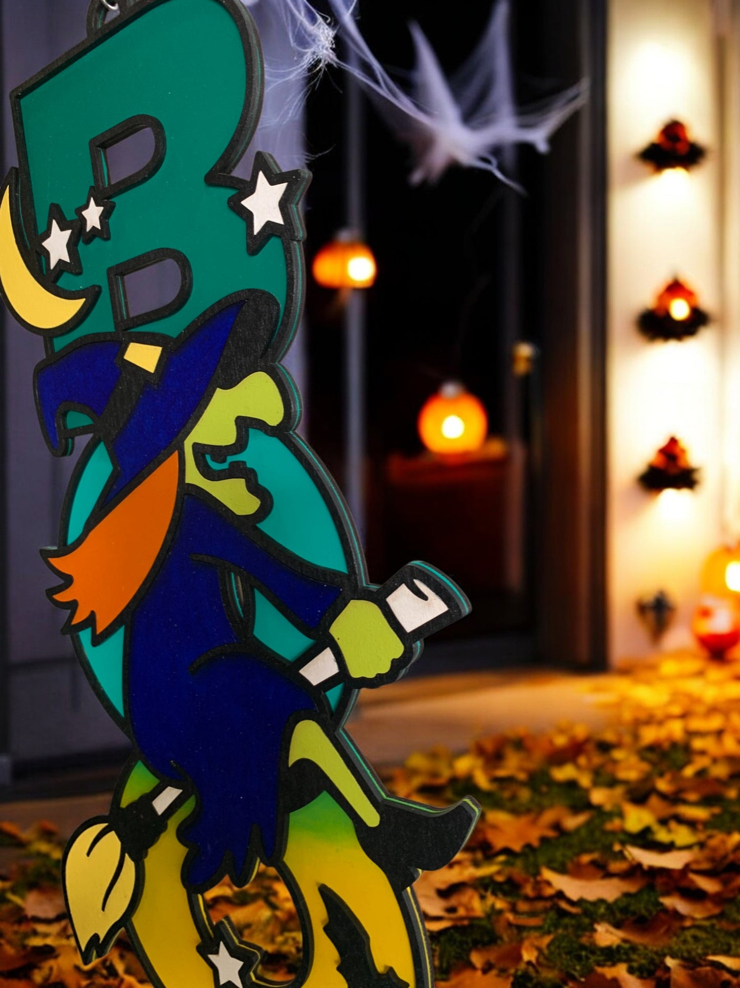 Handmade Wooden Halloween Boo Sign – Witch on Broom – Detailed Painted Door or Wall Décor