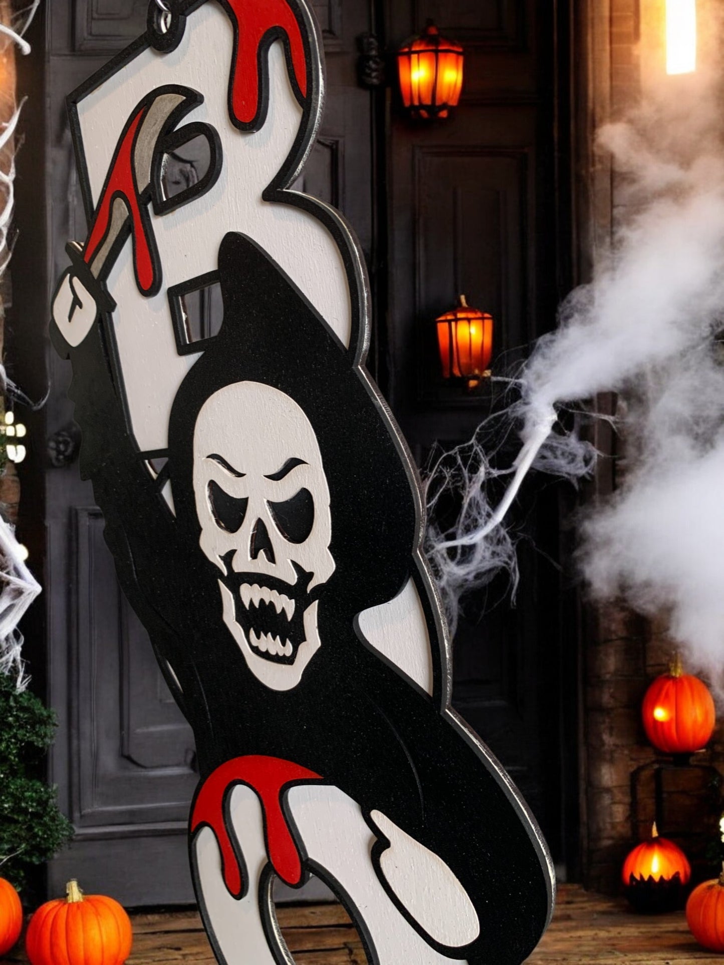Grim Reaper BOO Sign – Wooden Halloween Door Hanger – Handmade Spooky Porch & Wall Décor