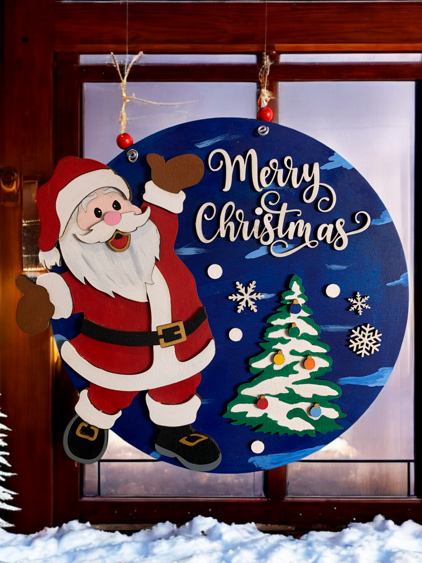 Handmade Santa Christmas Wall Sign β 3D Wooden Round Holiday Decor with Tree & Snowflakes