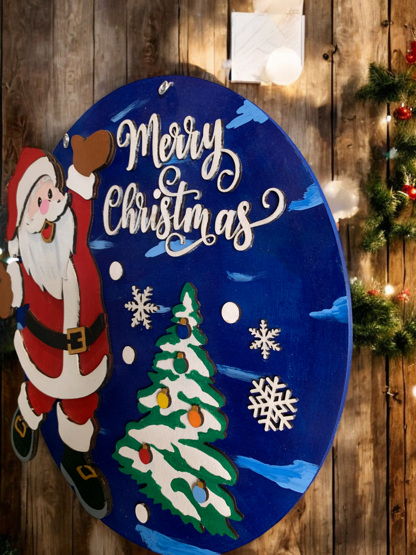 Handmade Santa Christmas Wall Sign β 3D Wooden Round Holiday Decor with Tree & Snowflakes