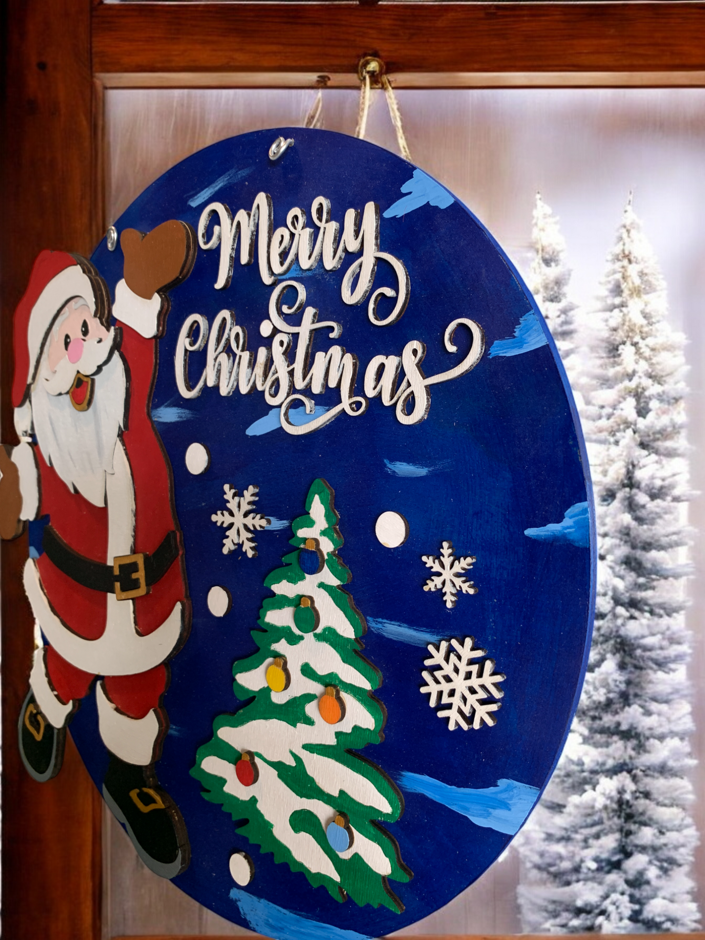 Handmade Santa Christmas Wall Sign β 3D Wooden Round Holiday Decor with Tree & Snowflakes