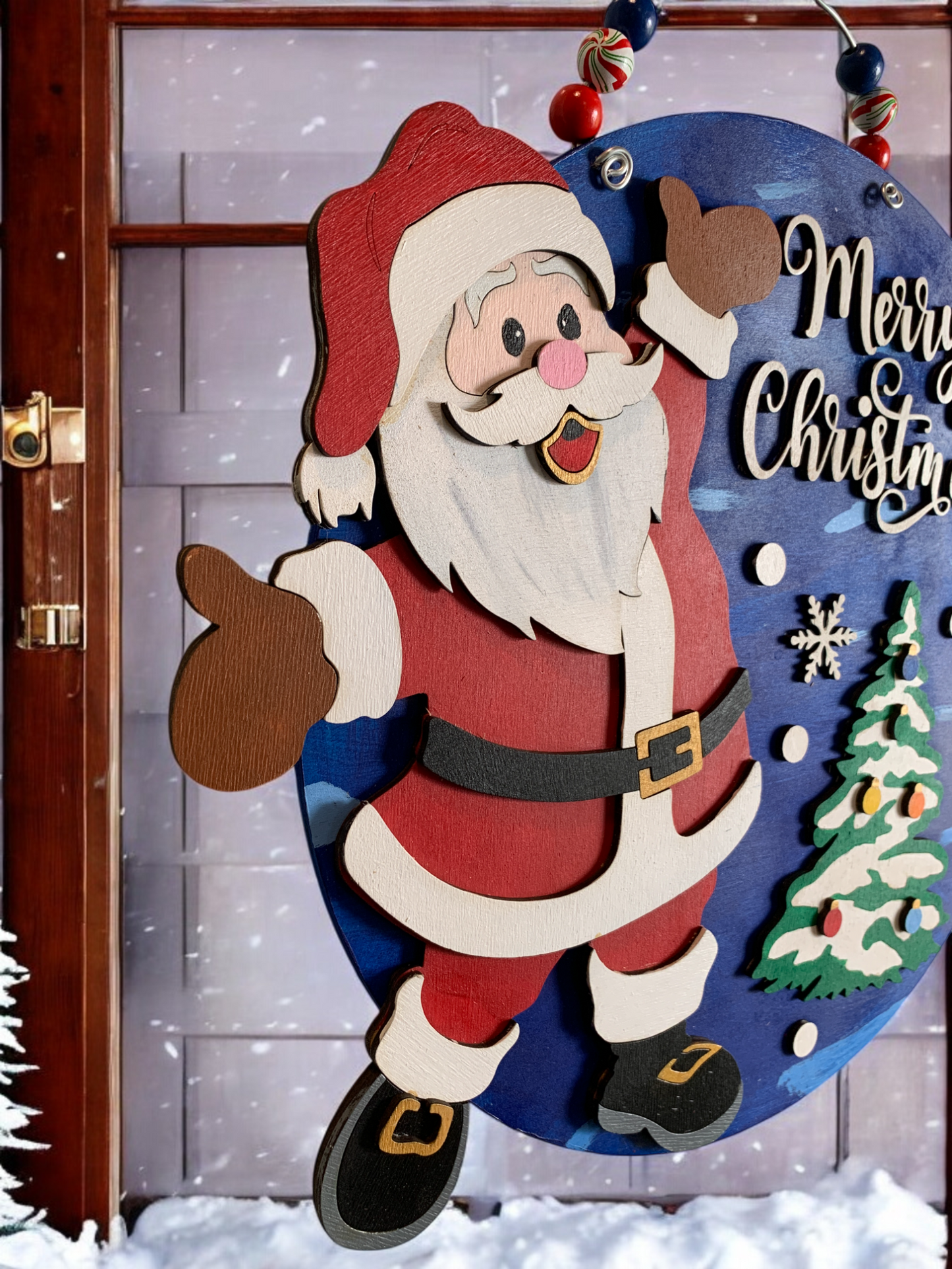 Handmade Santa Christmas Wall Sign β 3D Wooden Round Holiday Decor with Tree & Snowflakes