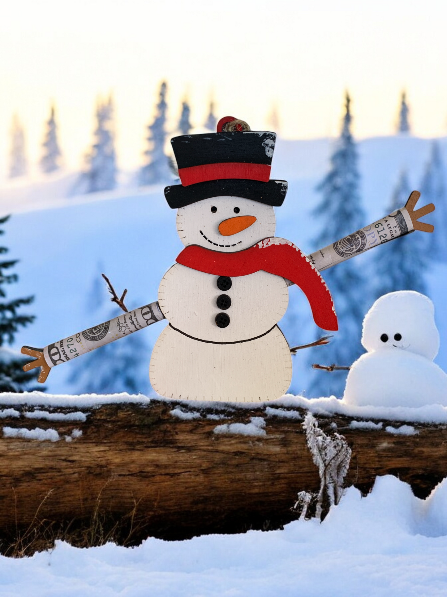 Handmade Wooden Snowman Christmas Ornament – Cash Holder Gift Tag for Holiday Giving
