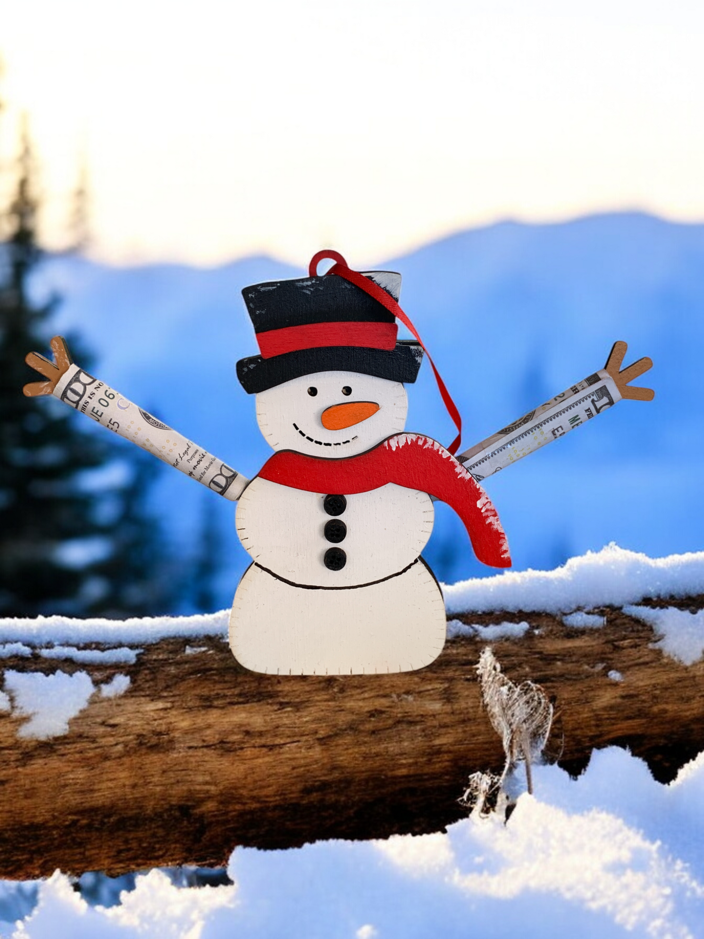Handmade Wooden Snowman Christmas Ornament – Cash Holder Gift Tag for Holiday Giving