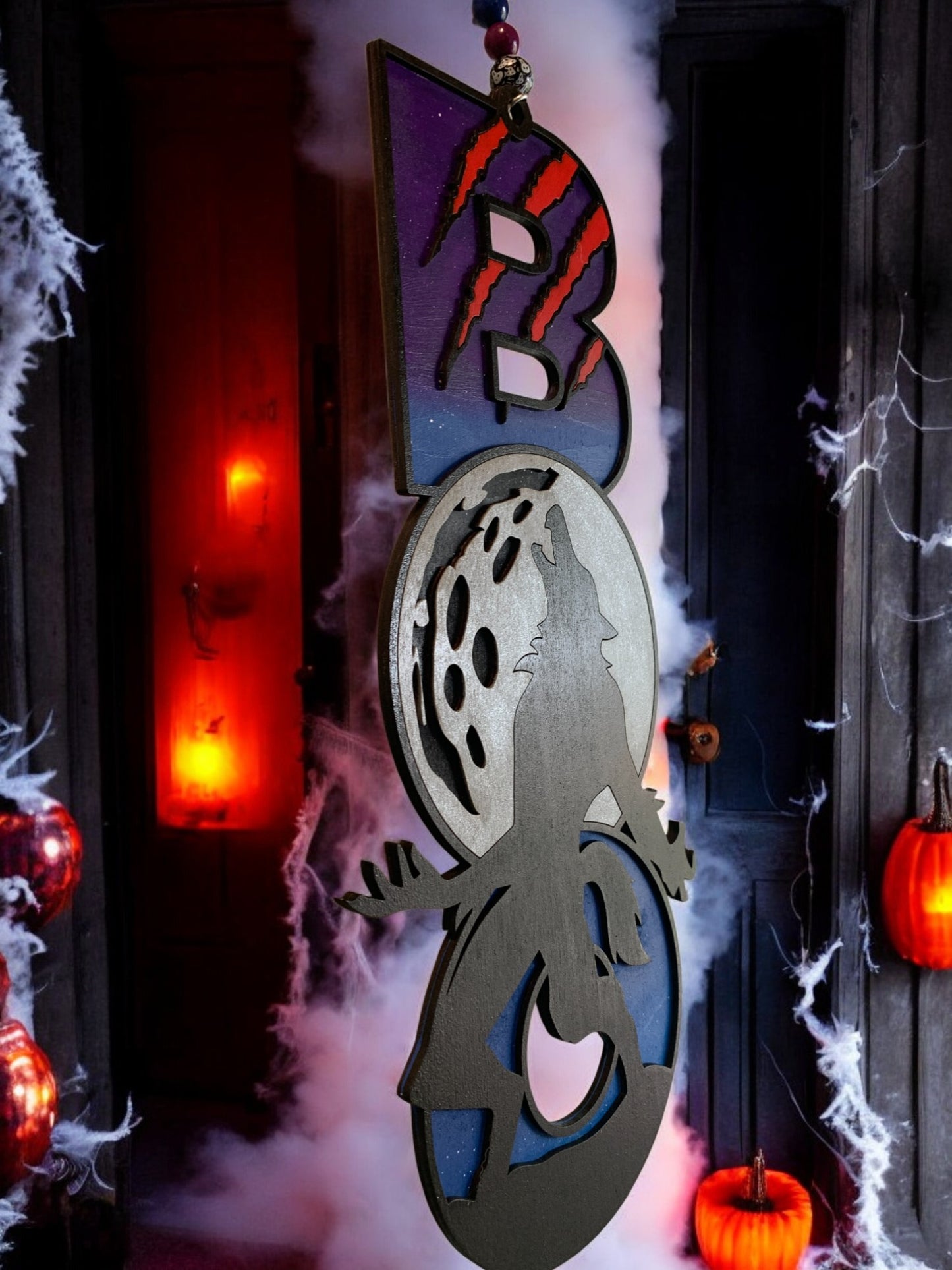 Werewolf BOO Sign – Wooden Halloween Door Hanger – Handmade Spooky Wolf Moon Wall Décor