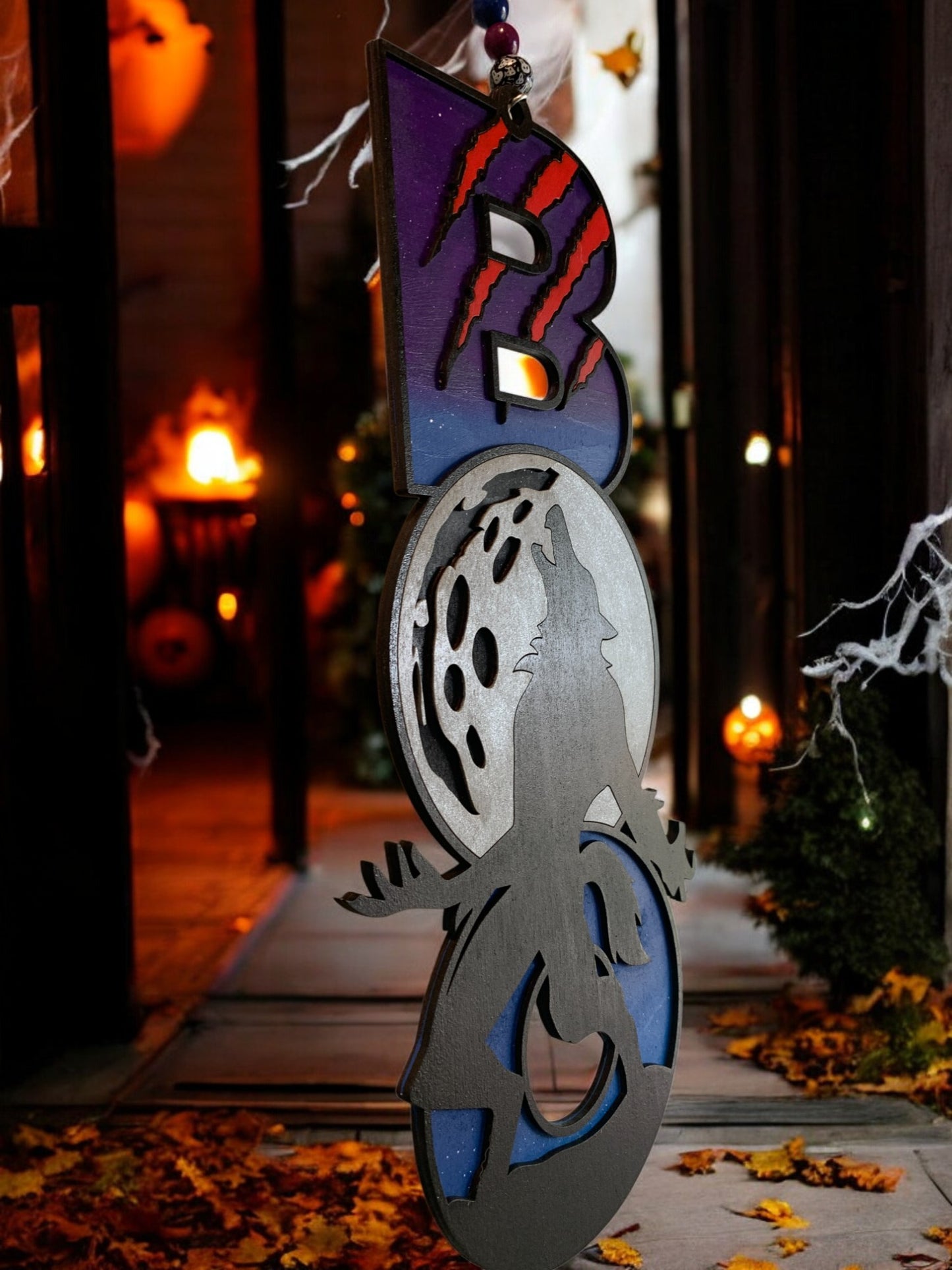 Werewolf BOO Sign – Wooden Halloween Door Hanger – Handmade Spooky Wolf Moon Wall Décor