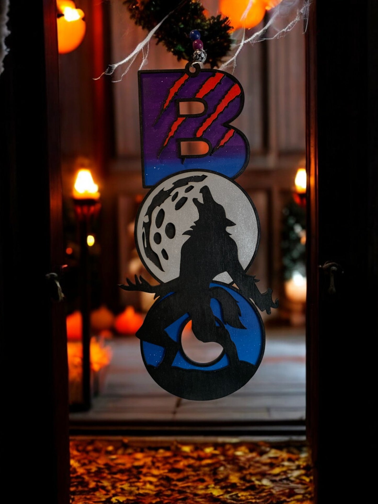 Werewolf BOO Sign – Wooden Halloween Door Hanger – Handmade Spooky Wolf Moon Wall Décor