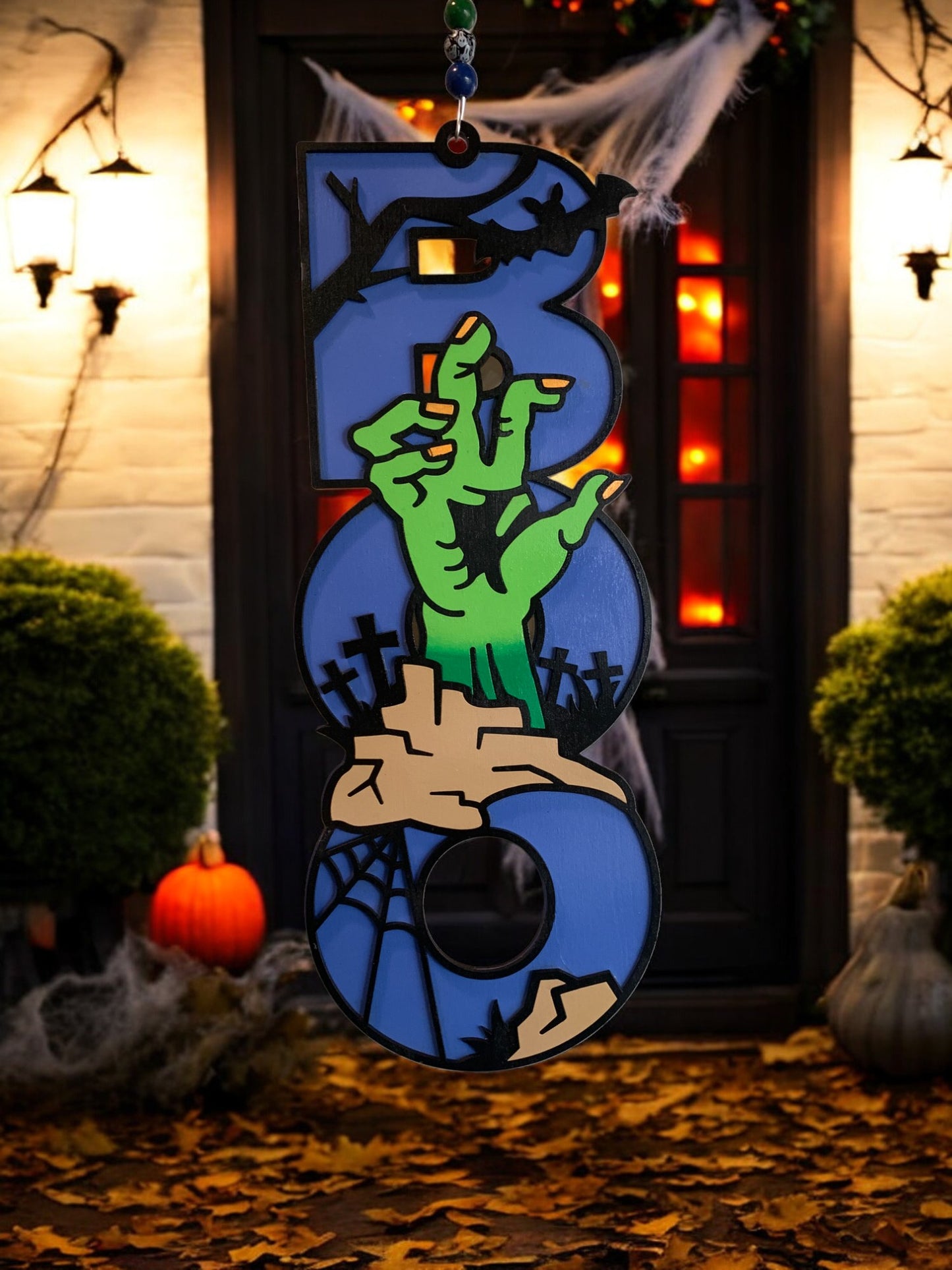 Halloween Door Sign – Wooden “Boo” Wall Decor with zombie Hand – Spooky Outdoor & Indoor Decoration