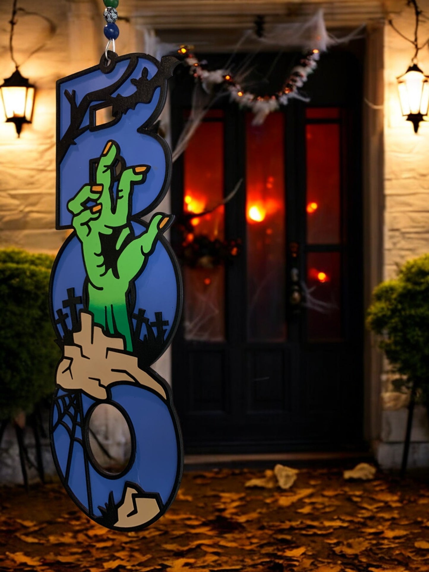 Halloween Door Sign – Wooden “Boo” Wall Decor with zombie Hand – Spooky Outdoor & Indoor Decoration