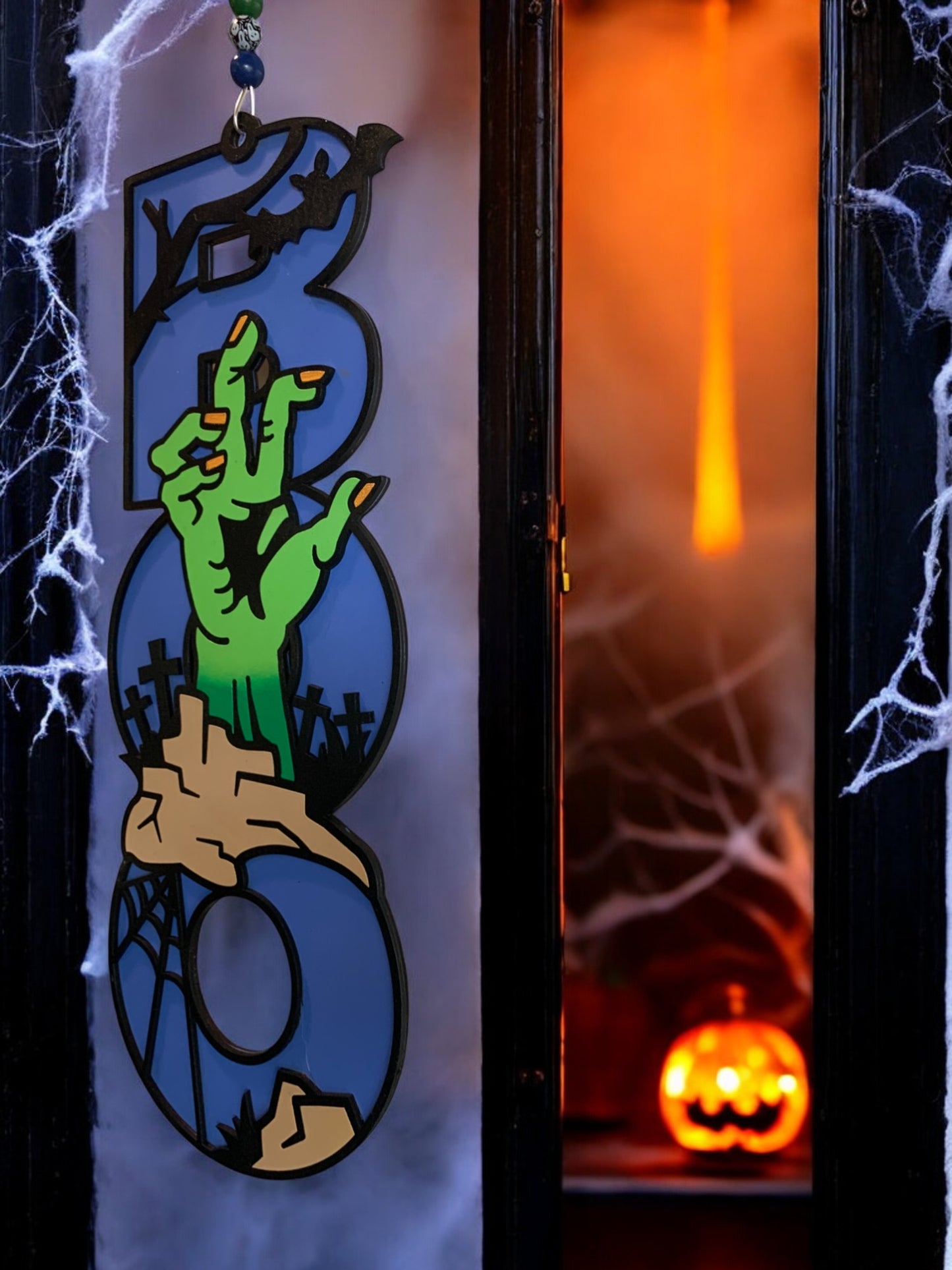 Halloween Door Sign – Wooden “Boo” Wall Decor with zombie Hand – Spooky Outdoor & Indoor Decoration