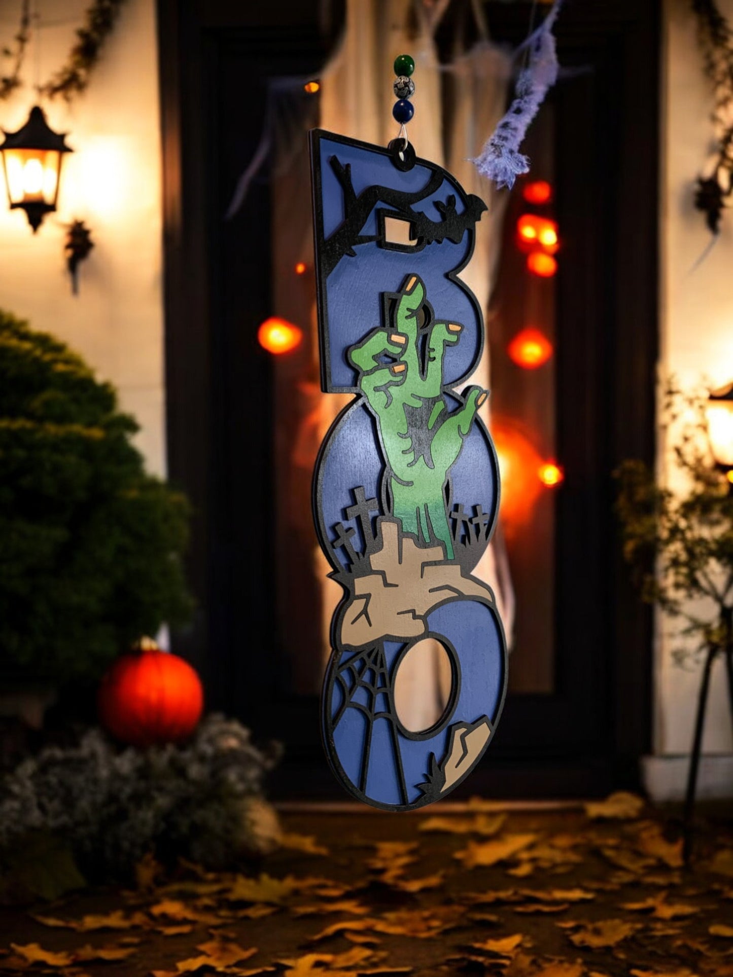Halloween Door Sign – Wooden “Boo” Wall Decor with zombie Hand – Spooky Outdoor & Indoor Decoration