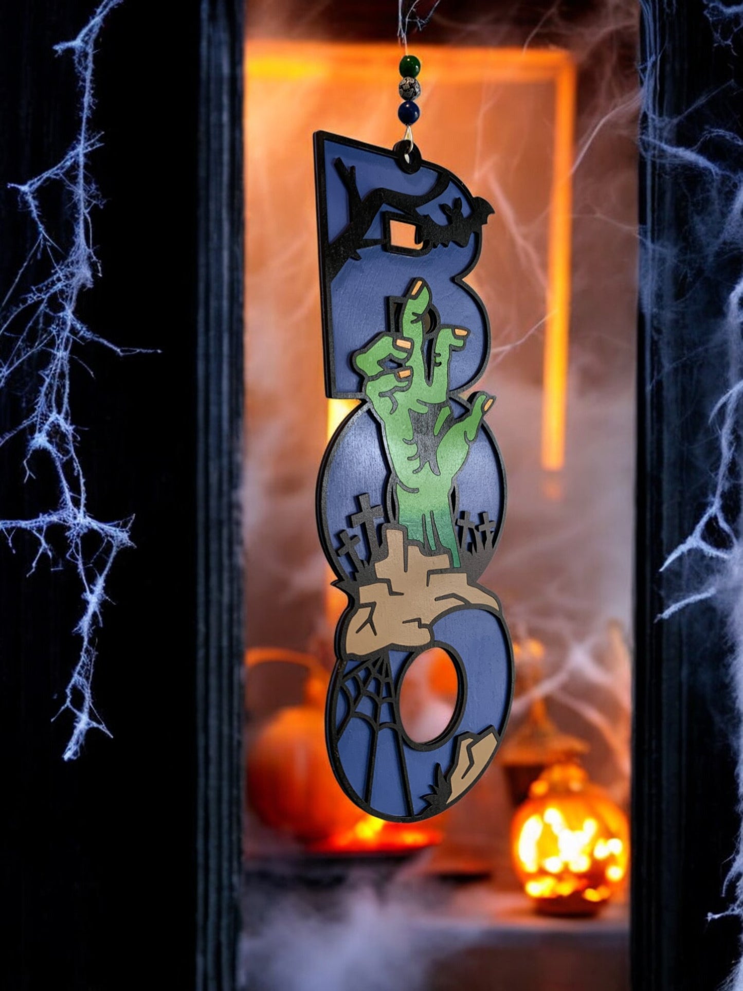 Halloween Door Sign – Wooden “Boo” Wall Decor with zombie Hand – Spooky Outdoor & Indoor Decoration