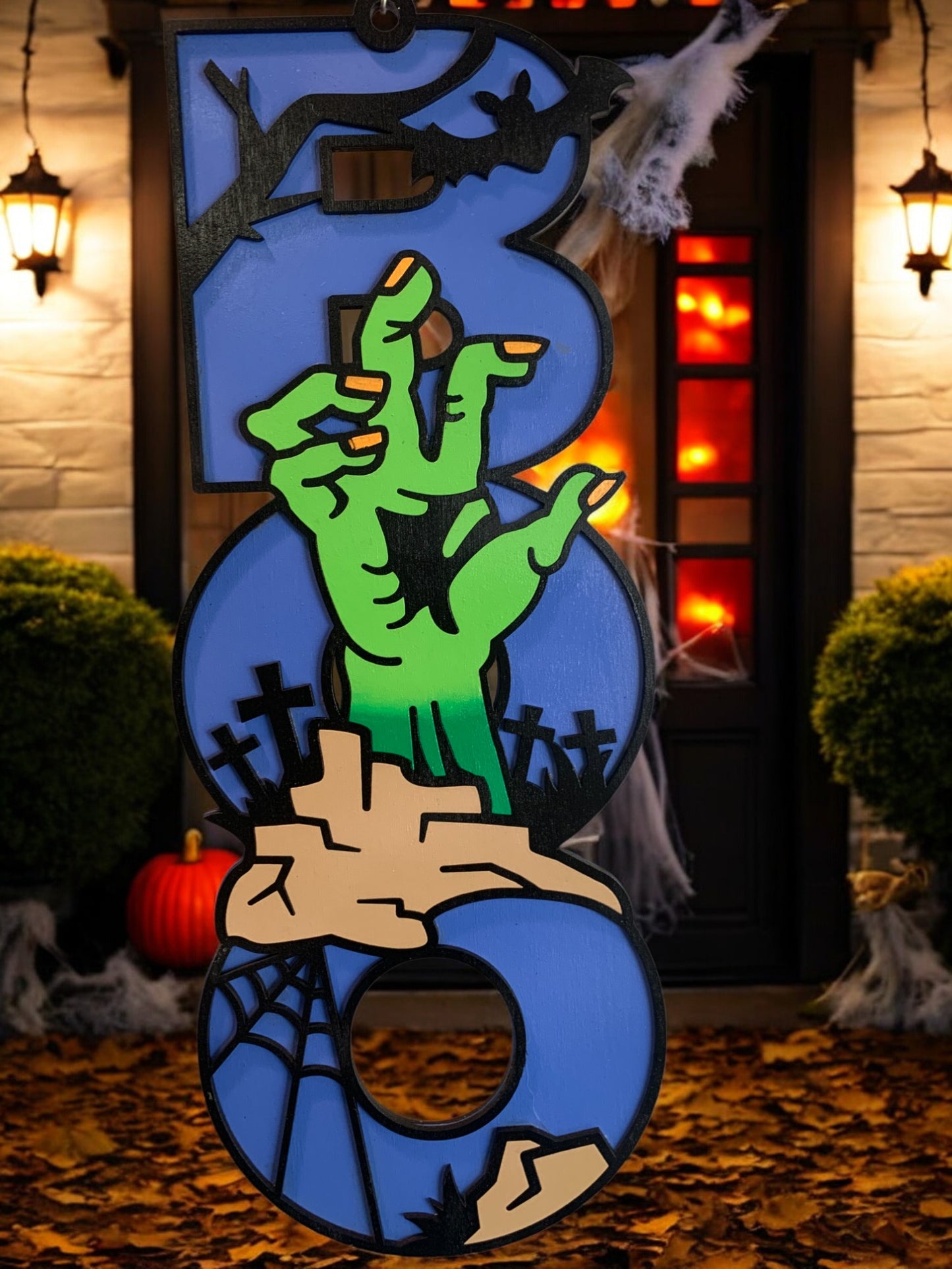 Halloween Door Sign – Wooden “Boo” Wall Decor with zombie Hand – Spooky Outdoor & Indoor Decoration