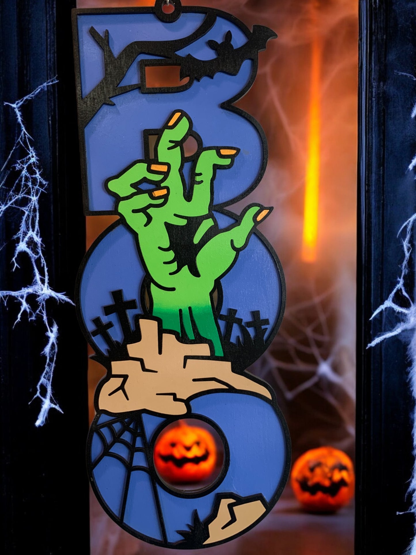 Halloween Door Sign – Wooden “Boo” Wall Decor with zombie Hand – Spooky Outdoor & Indoor Decoration