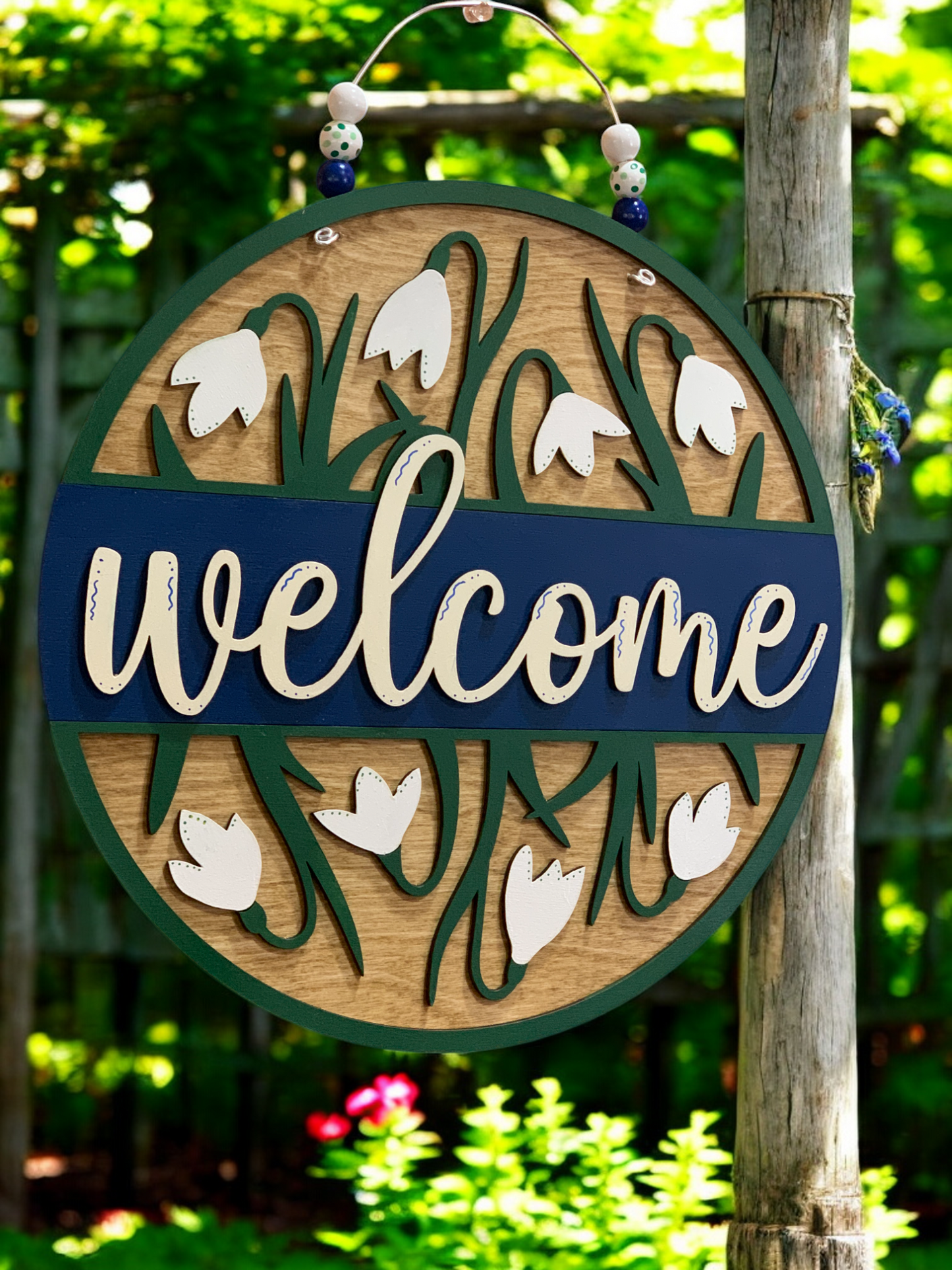 Rustic Floral Welcome Sign β Handmade 3D Wooden Snowdrop Flower Porch Decor for Spring & Year-Round
