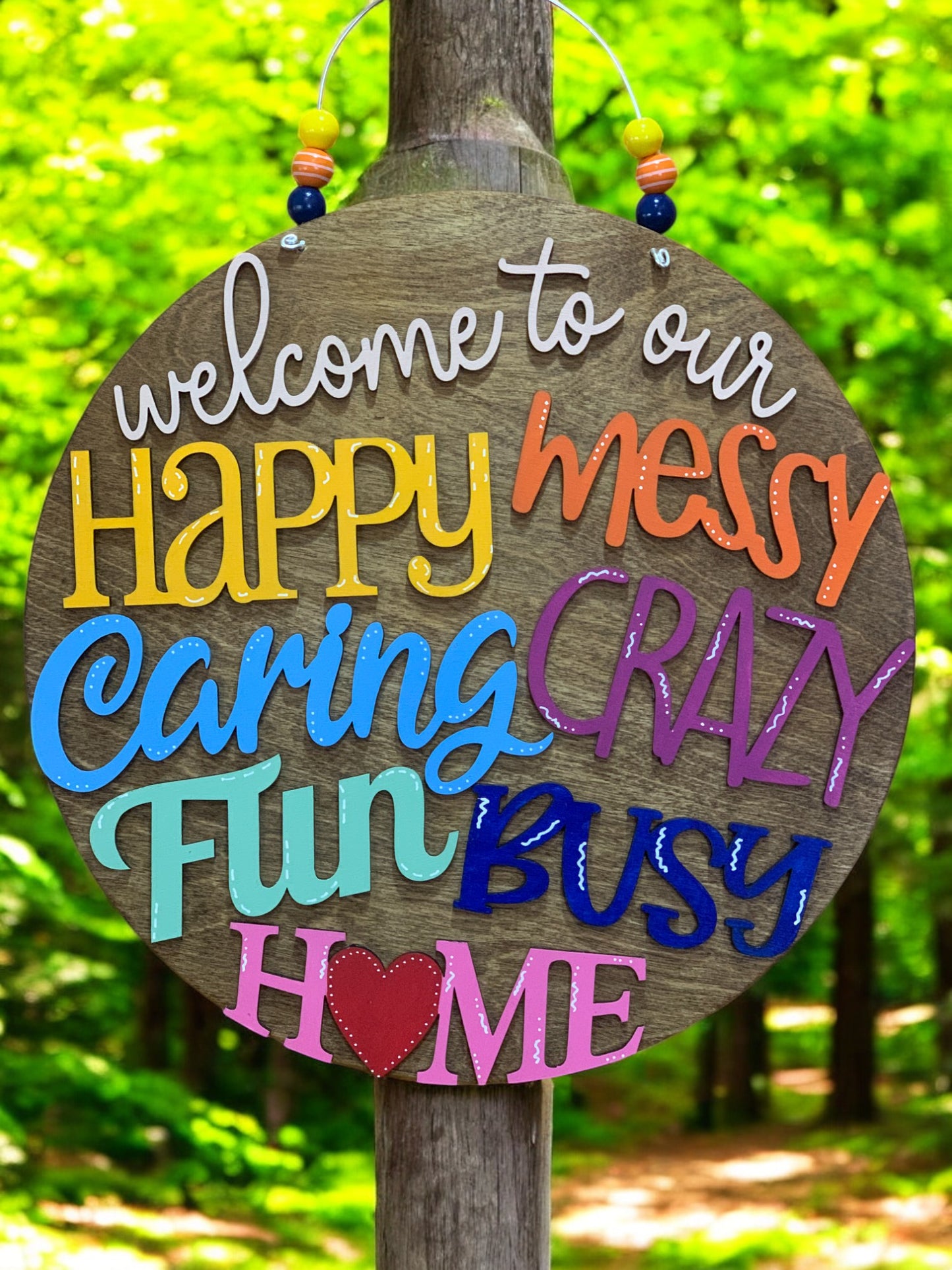 Welcome to Our Happy Messy Crazy Home – Handmade 3D Wooden Family Door Sign