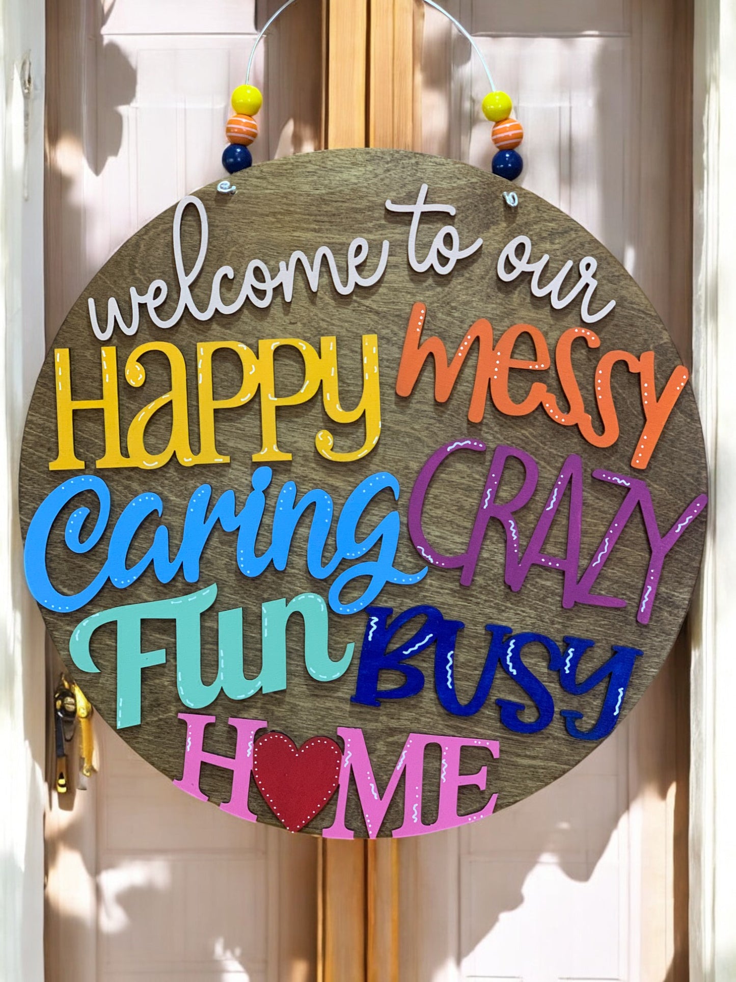 Welcome to Our Happy Messy Crazy Home – Handmade 3D Wooden Family Door Sign