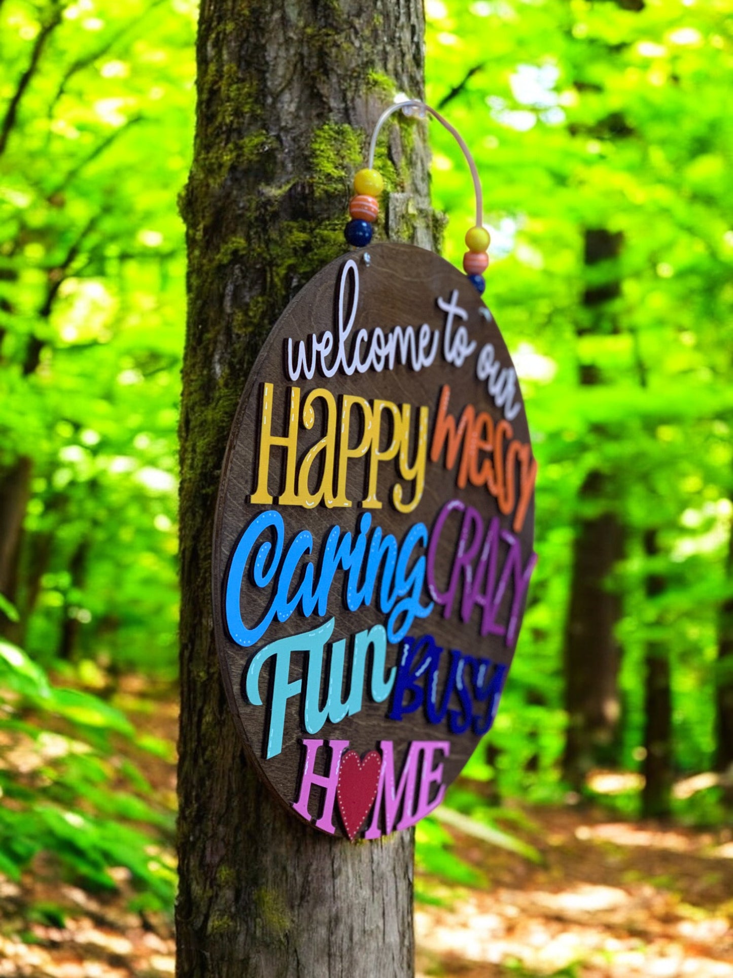 Welcome to Our Happy Messy Crazy Home – Handmade 3D Wooden Family Door Sign