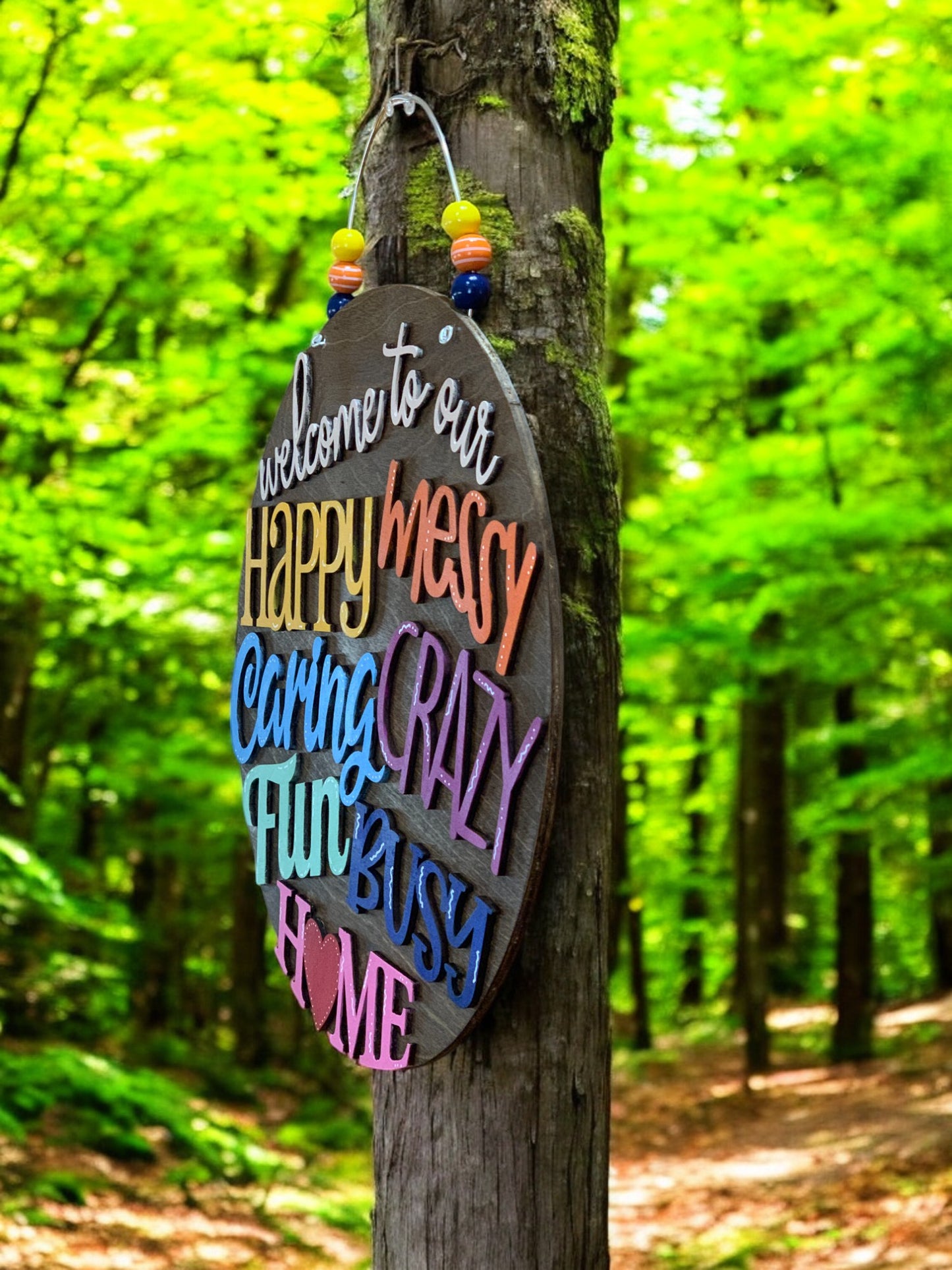 Welcome to Our Happy Messy Crazy Home – Handmade 3D Wooden Family Door Sign