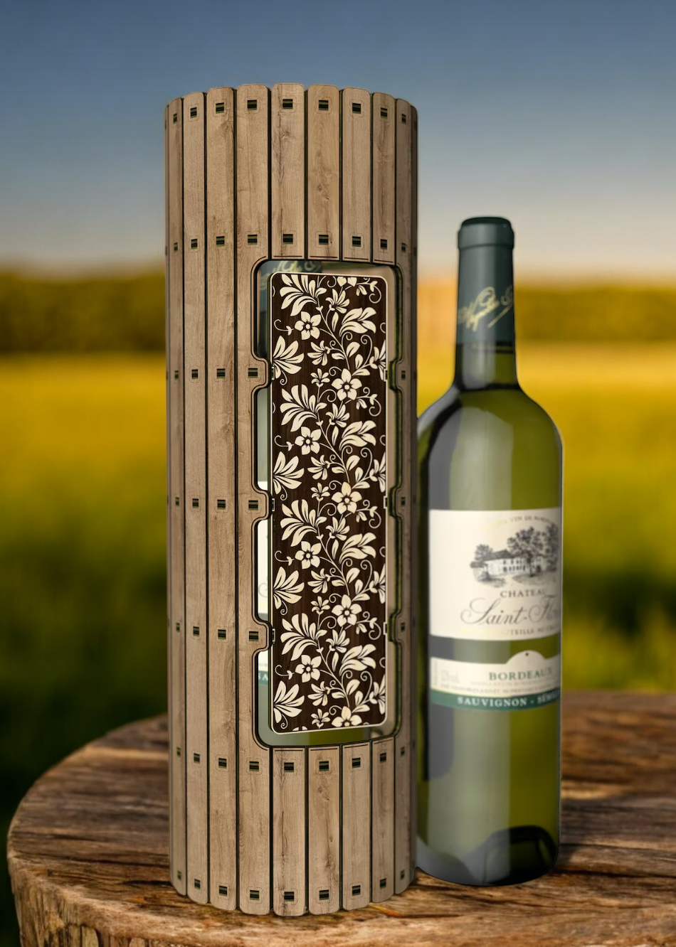 Round Wooden Wine Bottle Gift Box with Intricate Flower Design