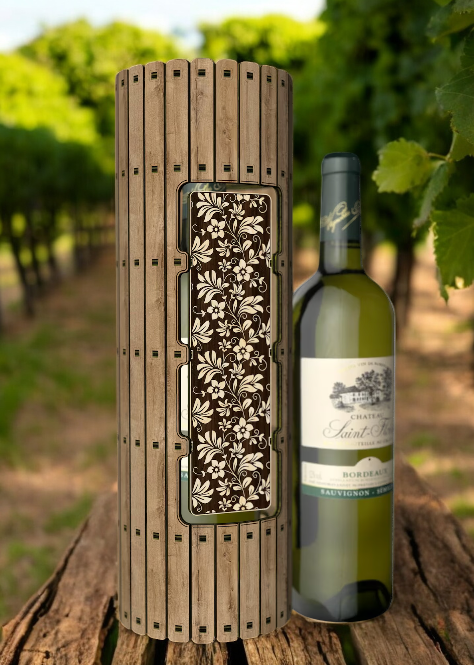 Round Wooden Wine Bottle Gift Box with Intricate Flower Design
