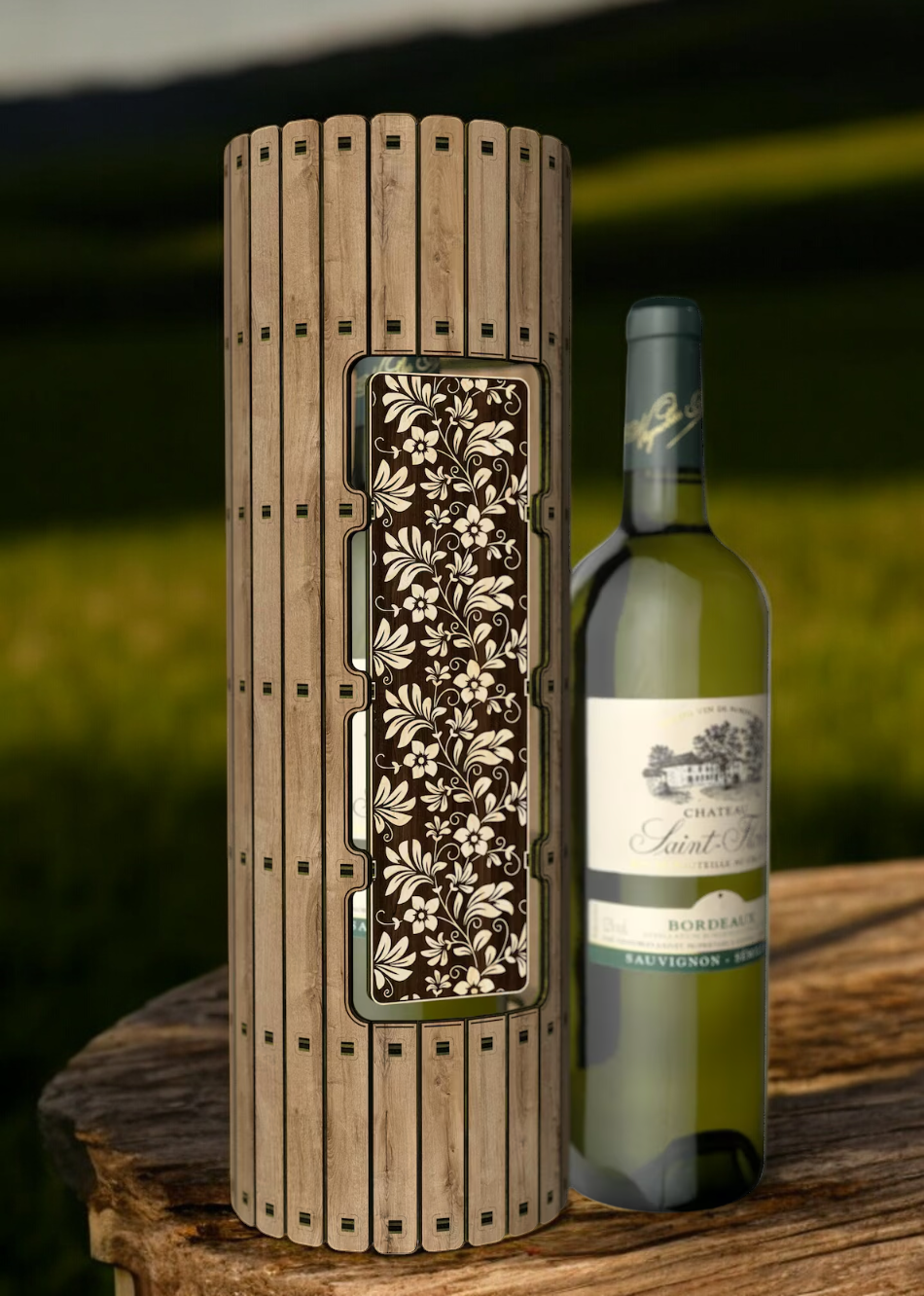 Round Wooden Wine Bottle Gift Box with Intricate Flower Design