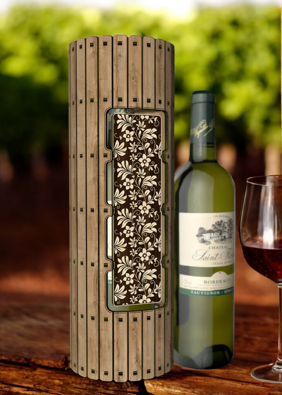 Round Wooden Wine Bottle Gift Box with Intricate Flower Design