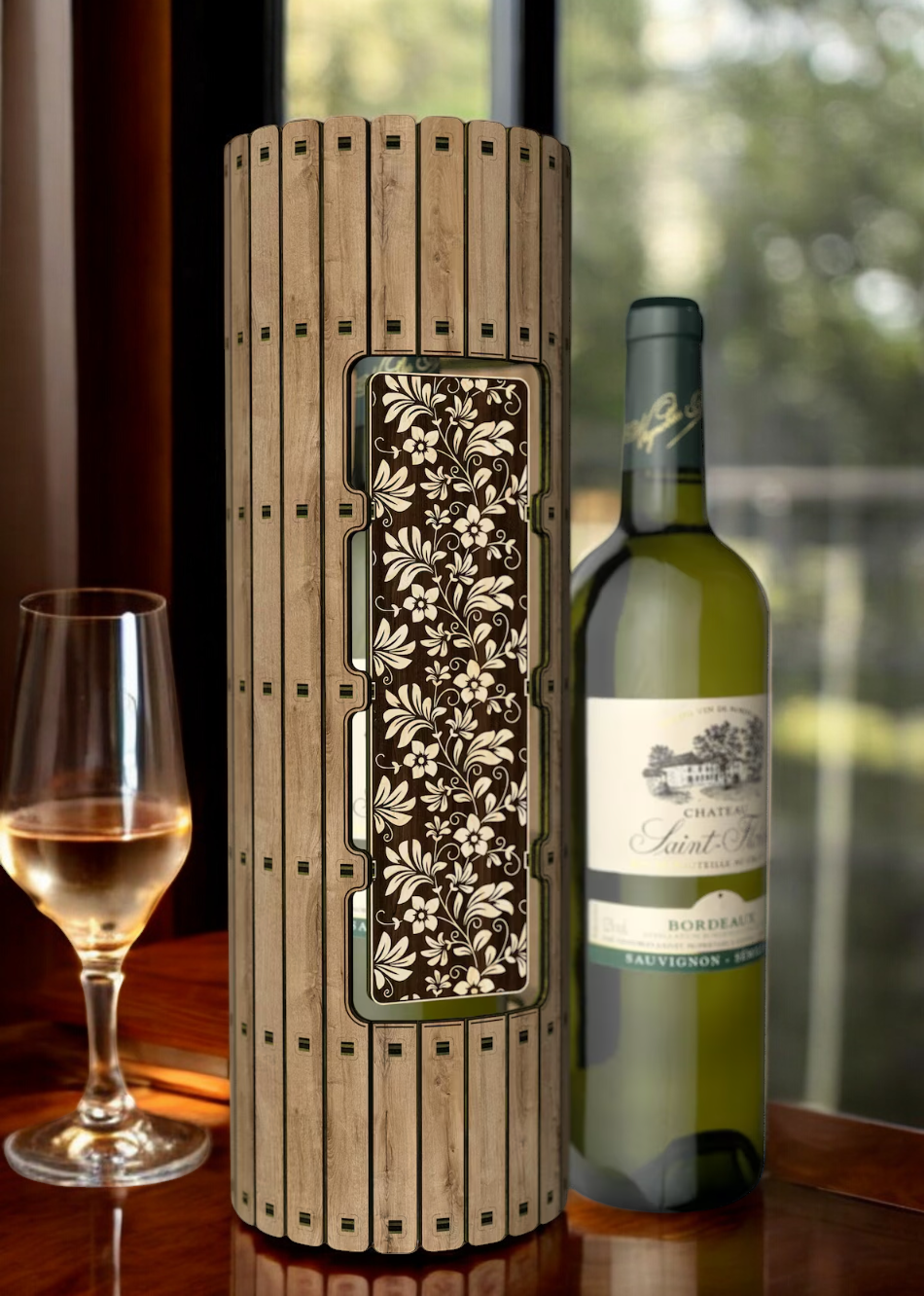 Round Wooden Wine Bottle Gift Box with Intricate Flower Design