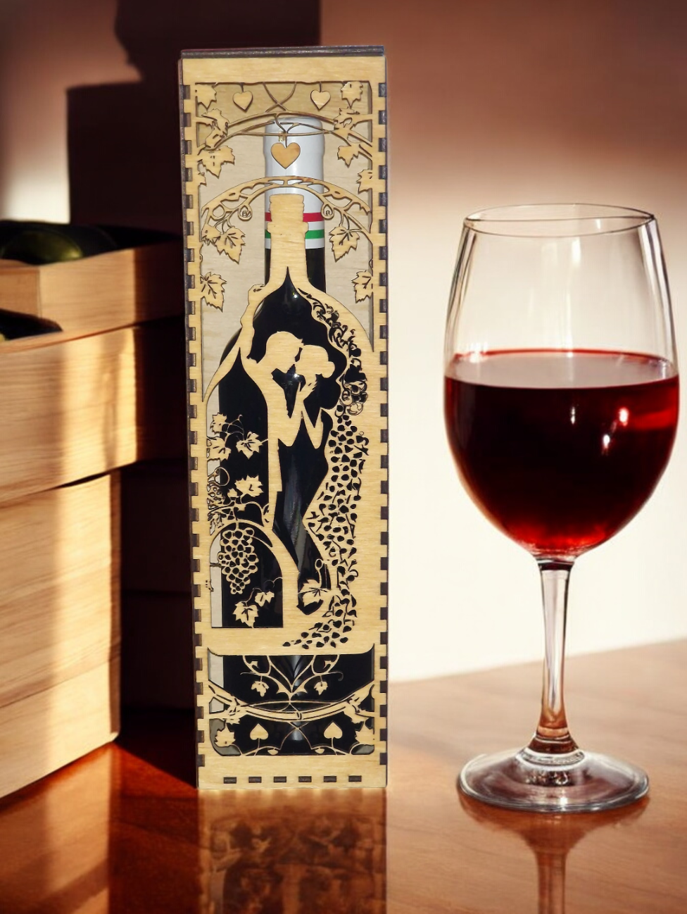 Romantic Wooden Wine Bottle Gift Box with Wedding Couple Design