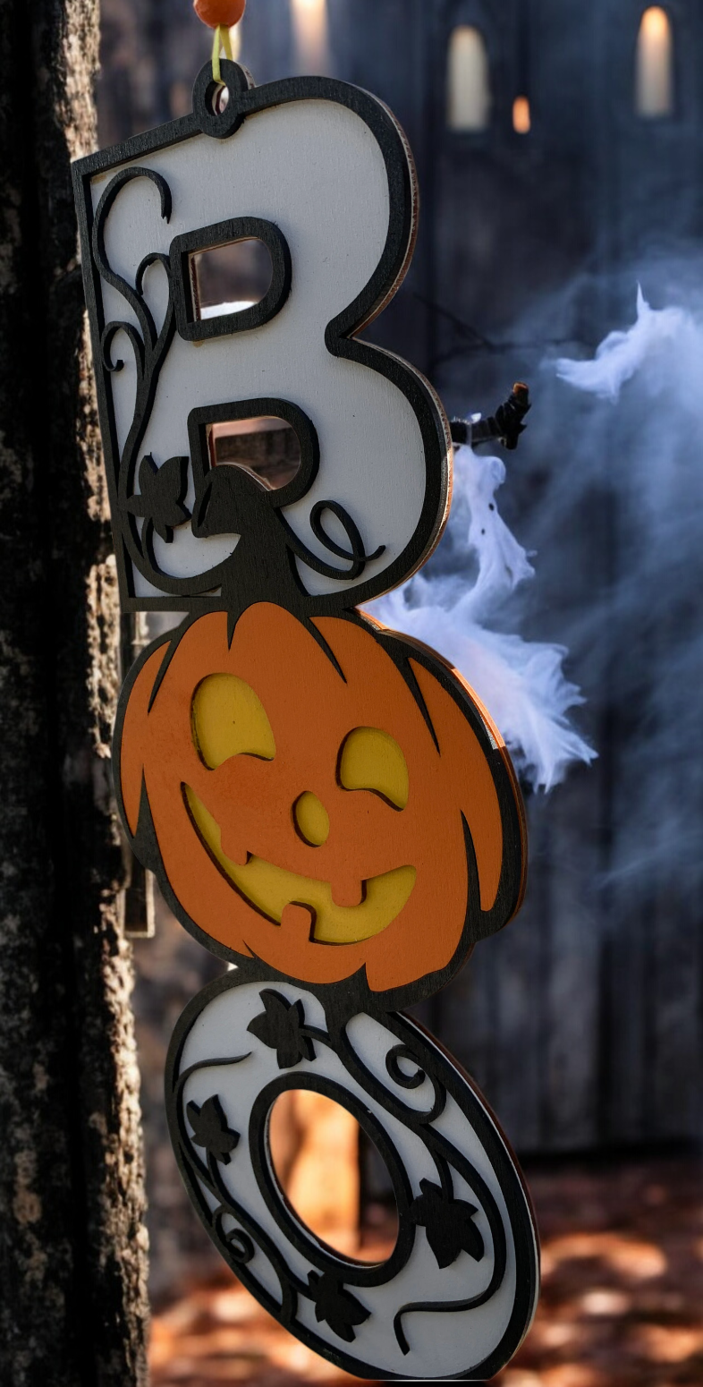 Handmade Wooden Halloween Boo Sign – Jack-O’-Lantern Design – Festive Porch or Wall Décor
