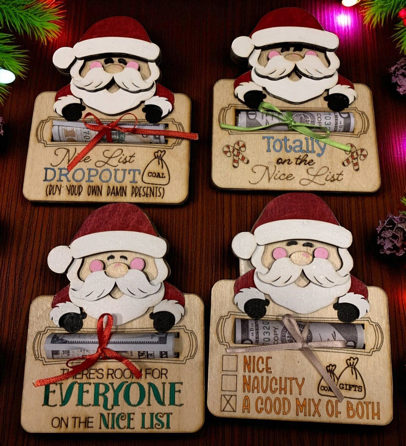 Funny Santa Christmas Money Holder – Handcrafted Wooden Cash Gift Idea for Teens, Adults, or Stocking Stuffers