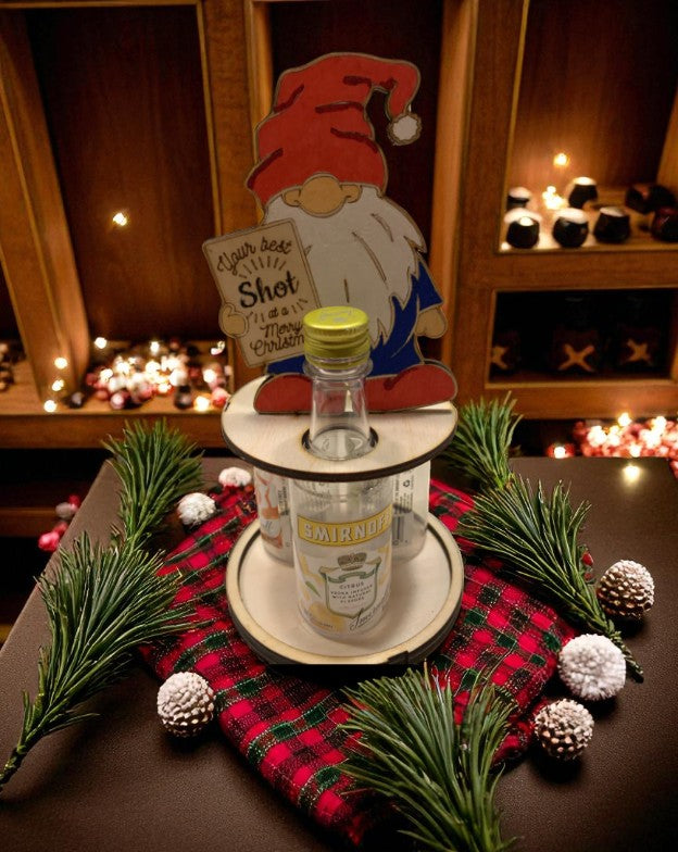 Funny Christmas Shot Bottle Holder – Handcrafted Wooden Holiday Gift with Ribbon – Gnome, Penguin & Reindeer Mini Liquor Display