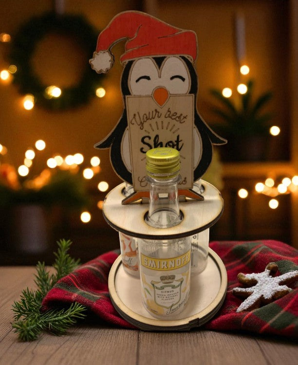 Funny Christmas Shot Bottle Holder – Handcrafted Wooden Holiday Gift with Ribbon – Gnome, Penguin & Reindeer Mini Liquor Display