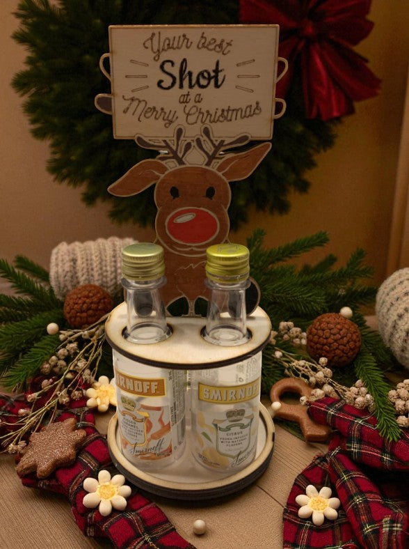 Funny Christmas Shot Bottle Holder – Handcrafted Wooden Holiday Gift with Ribbon – Gnome, Penguin & Reindeer Mini Liquor Display