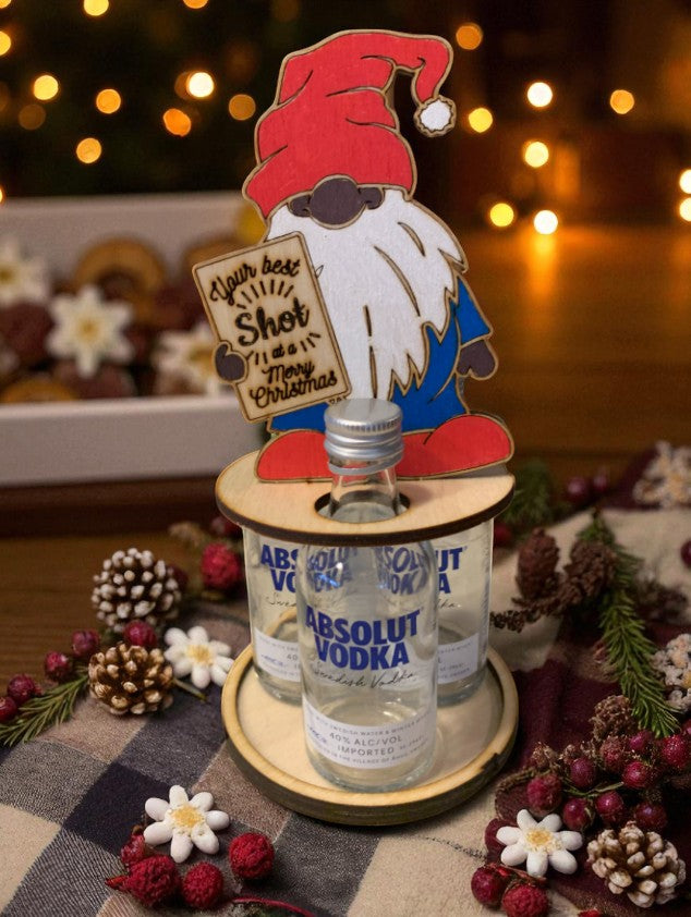 Funny Christmas Shot Bottle Holder – Handcrafted Wooden Holiday Gift with Ribbon – Gnome, Penguin & Reindeer Mini Liquor Display