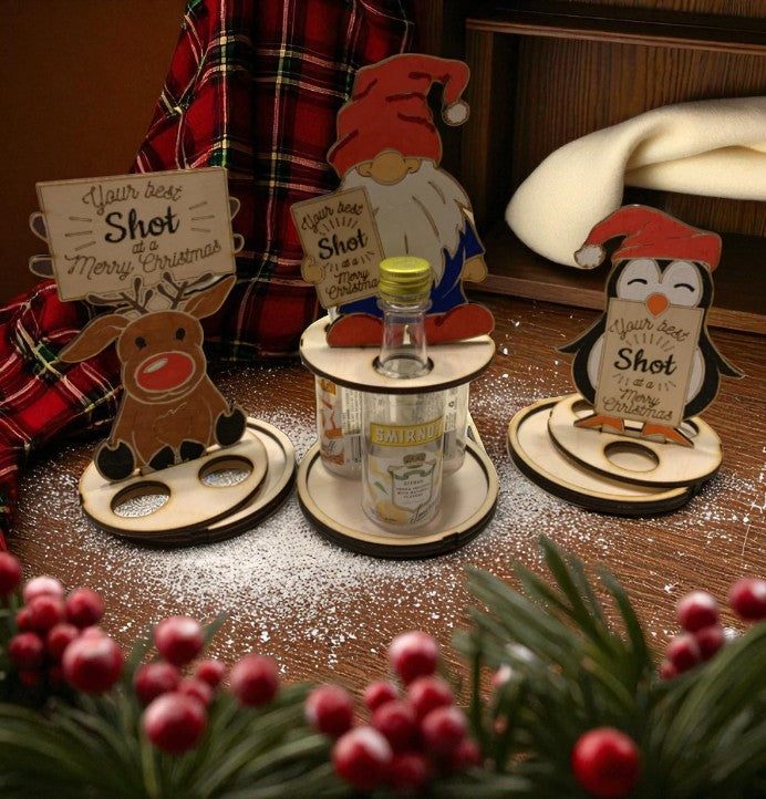 Funny Christmas Shot Bottle Holder – Handcrafted Wooden Holiday Gift with Ribbon – Gnome, Penguin & Reindeer Mini Liquor Display