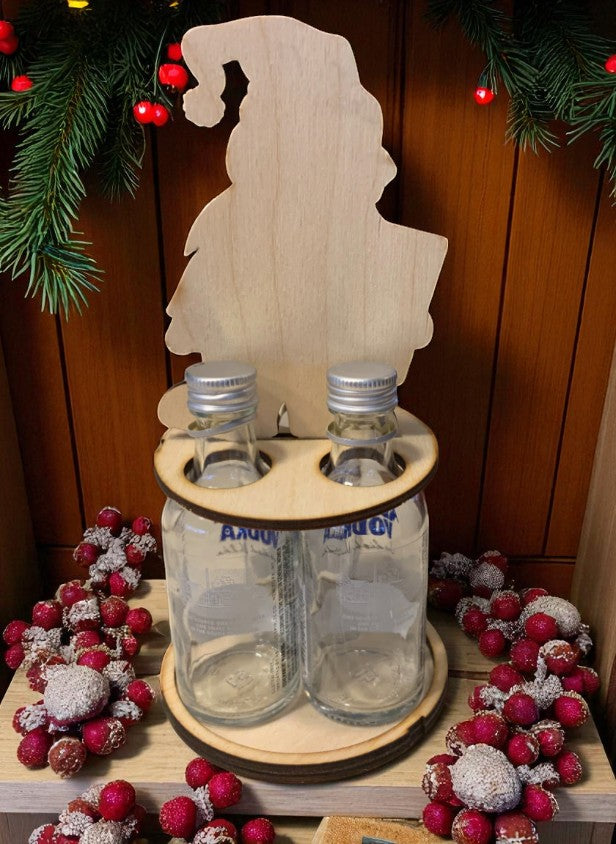 Funny Christmas Shot Bottle Holder – Handcrafted Wooden Holiday Gift with Ribbon – Gnome, Penguin & Reindeer Mini Liquor Display