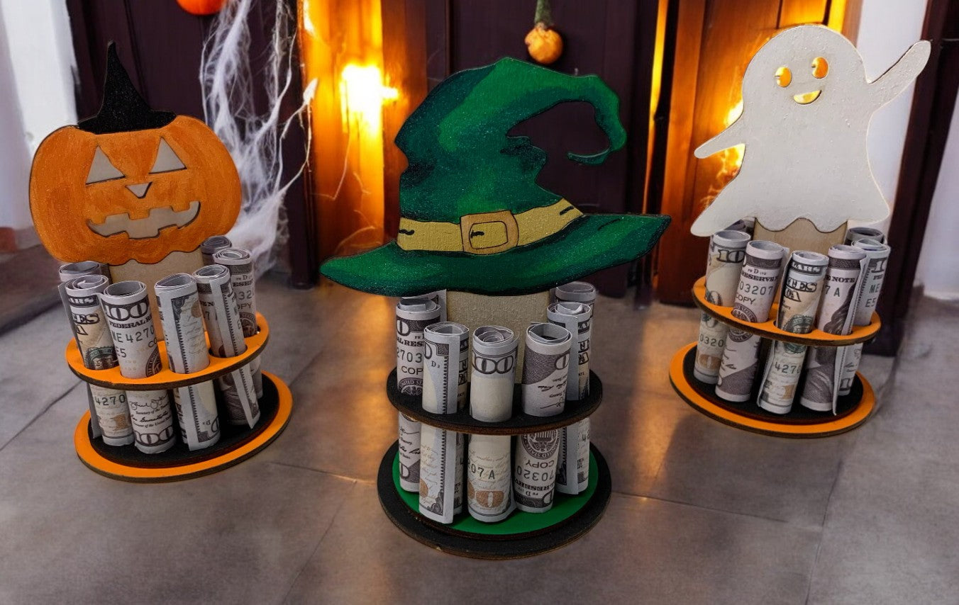 Halloween Money Gift – Pumpkin, Witch Hat, or Ghost Wooden Money Tree – Handmade Cash Holder with Gift Box – Free Shipping