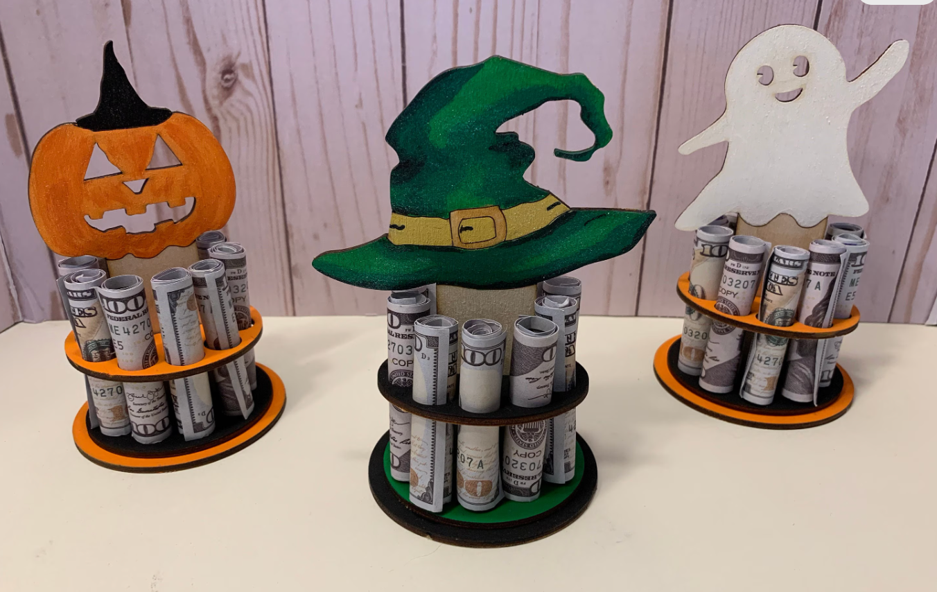 Halloween Money Gift – Pumpkin, Witch Hat, or Ghost Wooden Money Tree – Handmade Cash Holder with Gift Box – Free Shipping