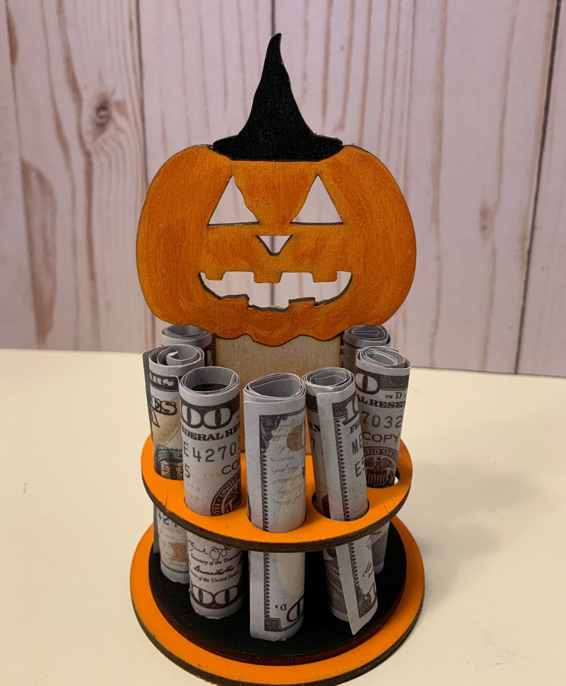 Halloween Money Gift – Pumpkin, Witch Hat, or Ghost Wooden Money Tree – Handmade Cash Holder with Gift Box – Free Shipping