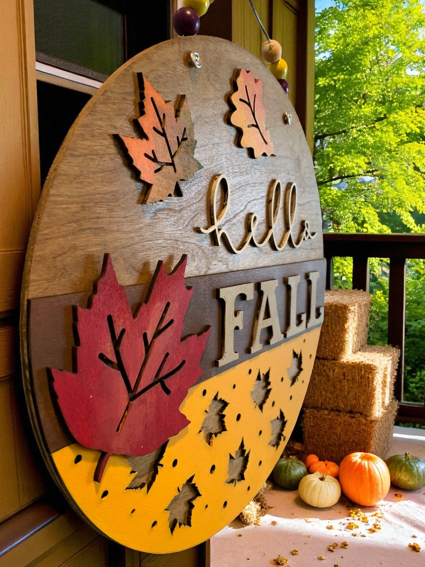 Hello Fall Wooden Door Hanger – Rustic Autumn Front Porch Sign with Colorful Leaves