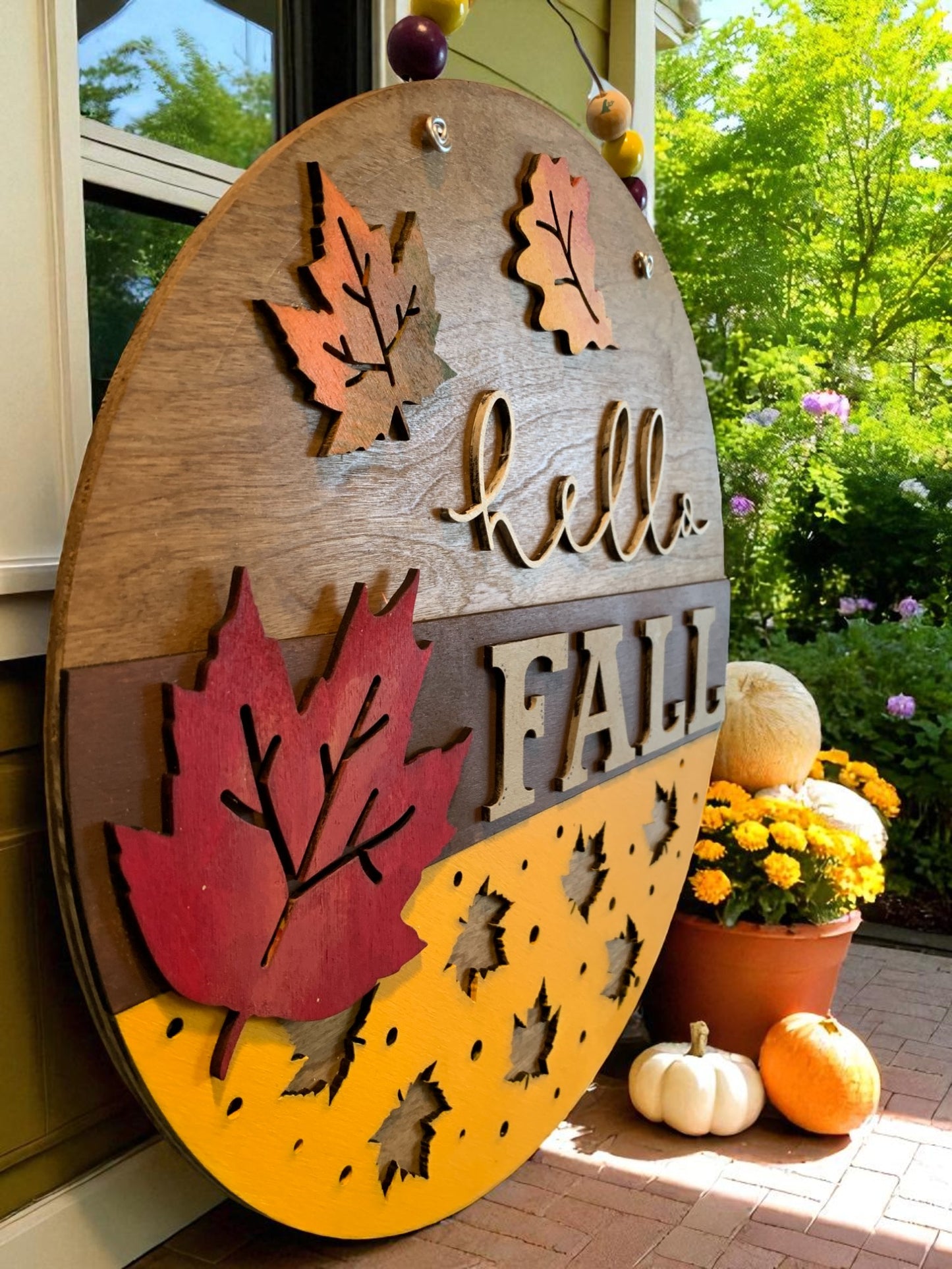 Hello Fall Wooden Door Hanger – Rustic Autumn Front Porch Sign with Colorful Leaves