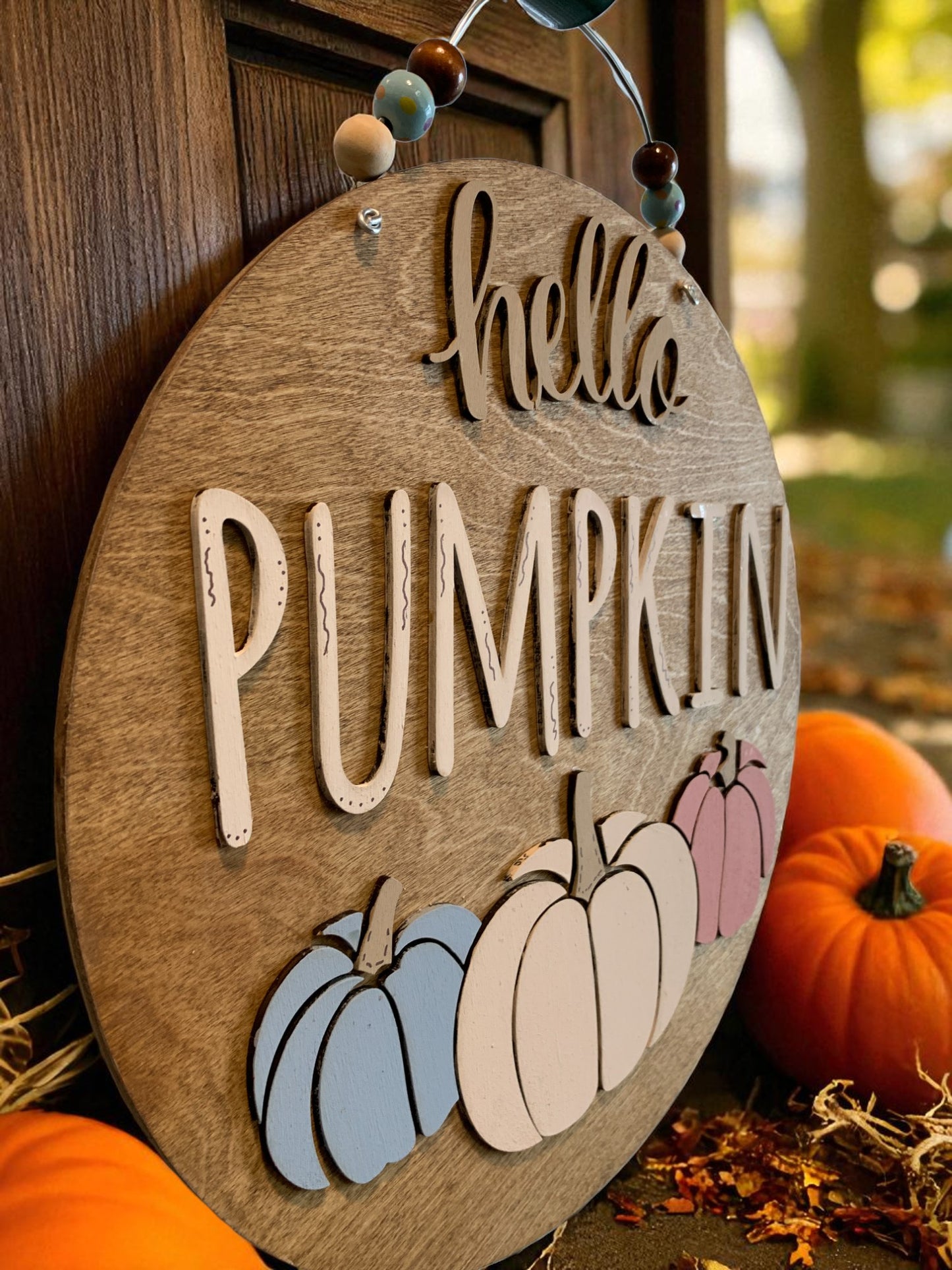 Hello Pumpkin Fall Door Hanger – Rustic Farmhouse Autumn Porch Sign with Pastel Pumpkins