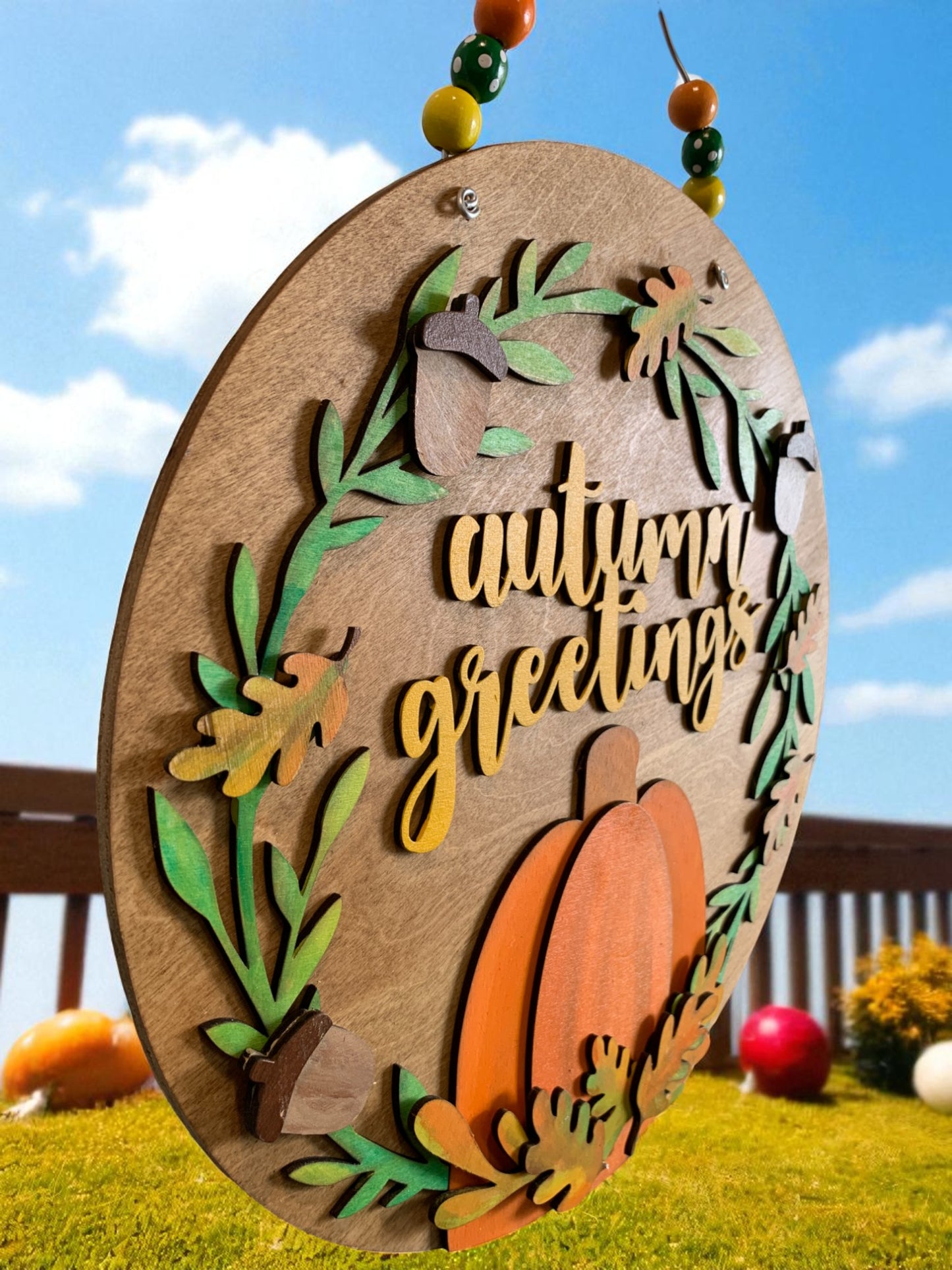 Autumn Greetings Wooden Sign – Rustic Fall Porch & Wall Décor – Handmade Pumpkin & Leaf Accent
