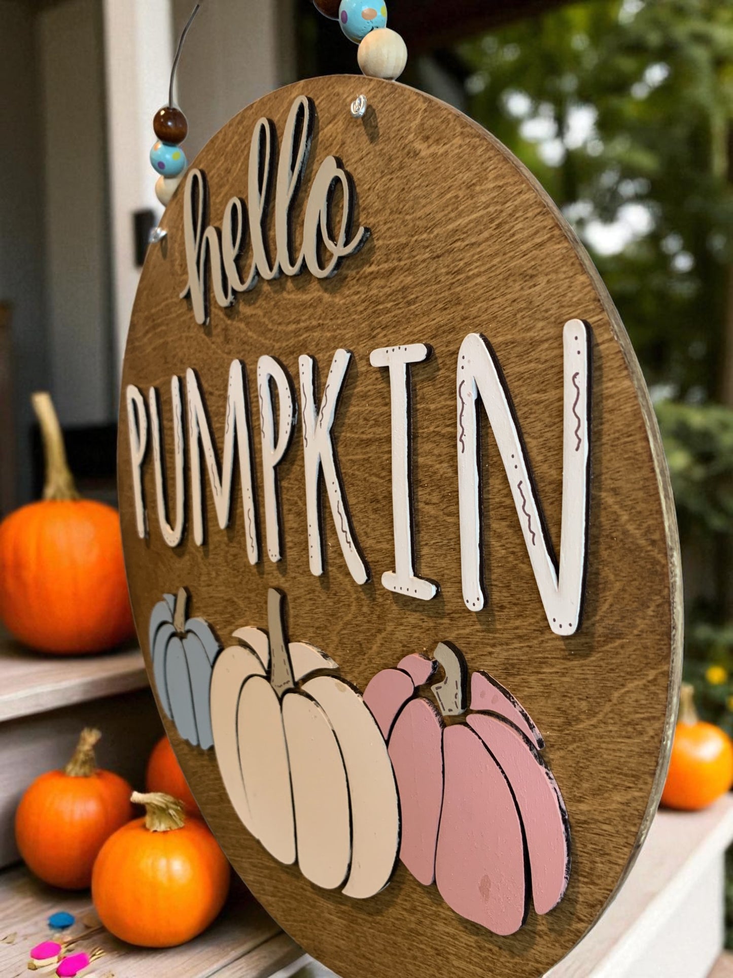 Hello Pumpkin Fall Door Hanger – Rustic Farmhouse Autumn Porch Sign with Pastel Pumpkins