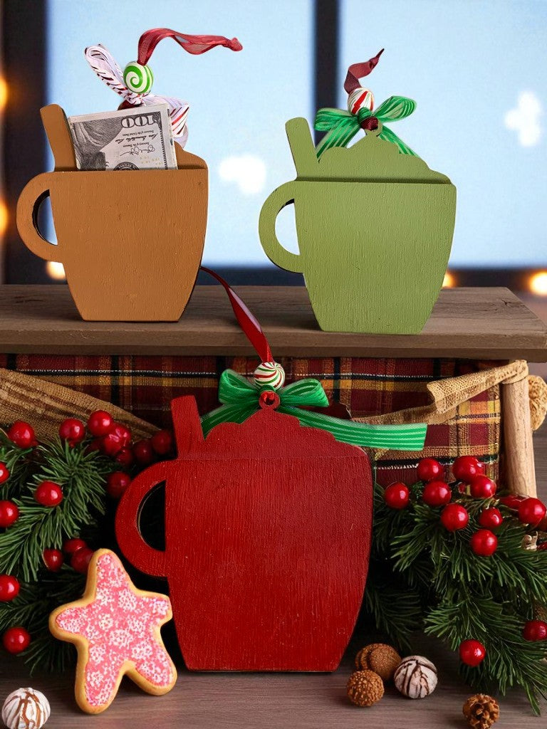 Holiday Mug Gift Card Holders – Santa, Elf, & Gingerbread Wooden Ornaments