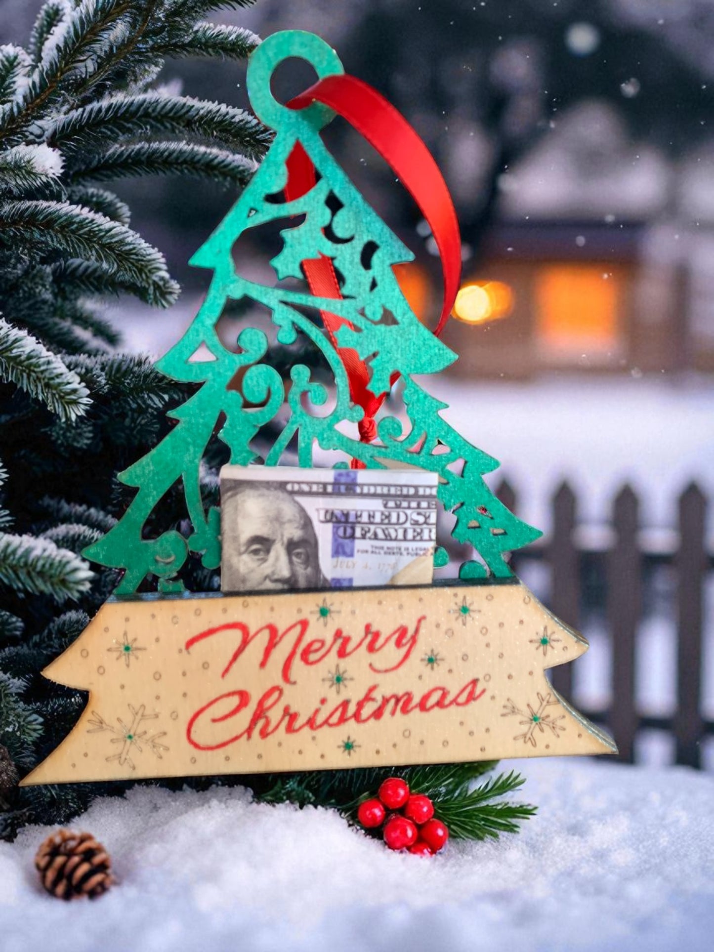Christmas Tree Money Holder – Handmade Wooden Cash Gift Ornament with Ribbon for Holiday Giving