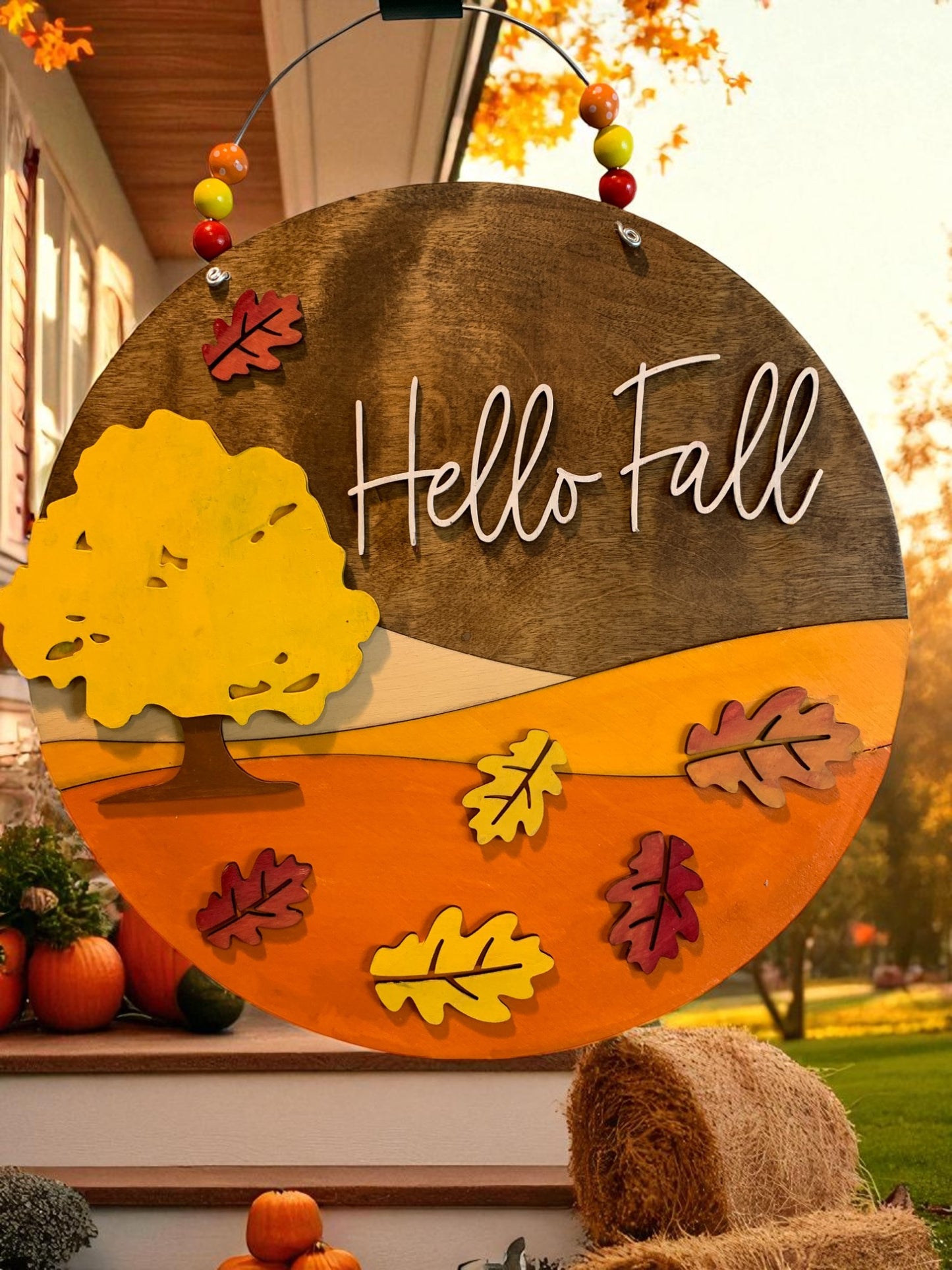 Hello Fall Wooden Sign with Tree and Leaves – Handcrafted Autumn Wall Décor – Rustic Fall Porch Accent